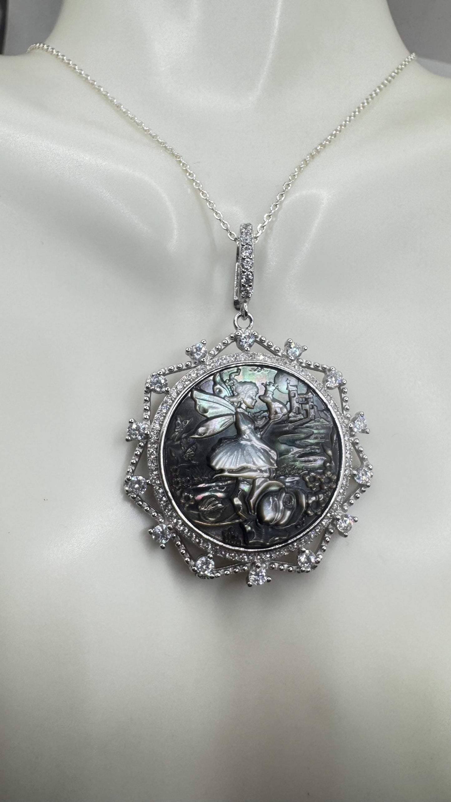 Vintage Fairy Genuine Abalone Cameo Sterling Silver Necklace