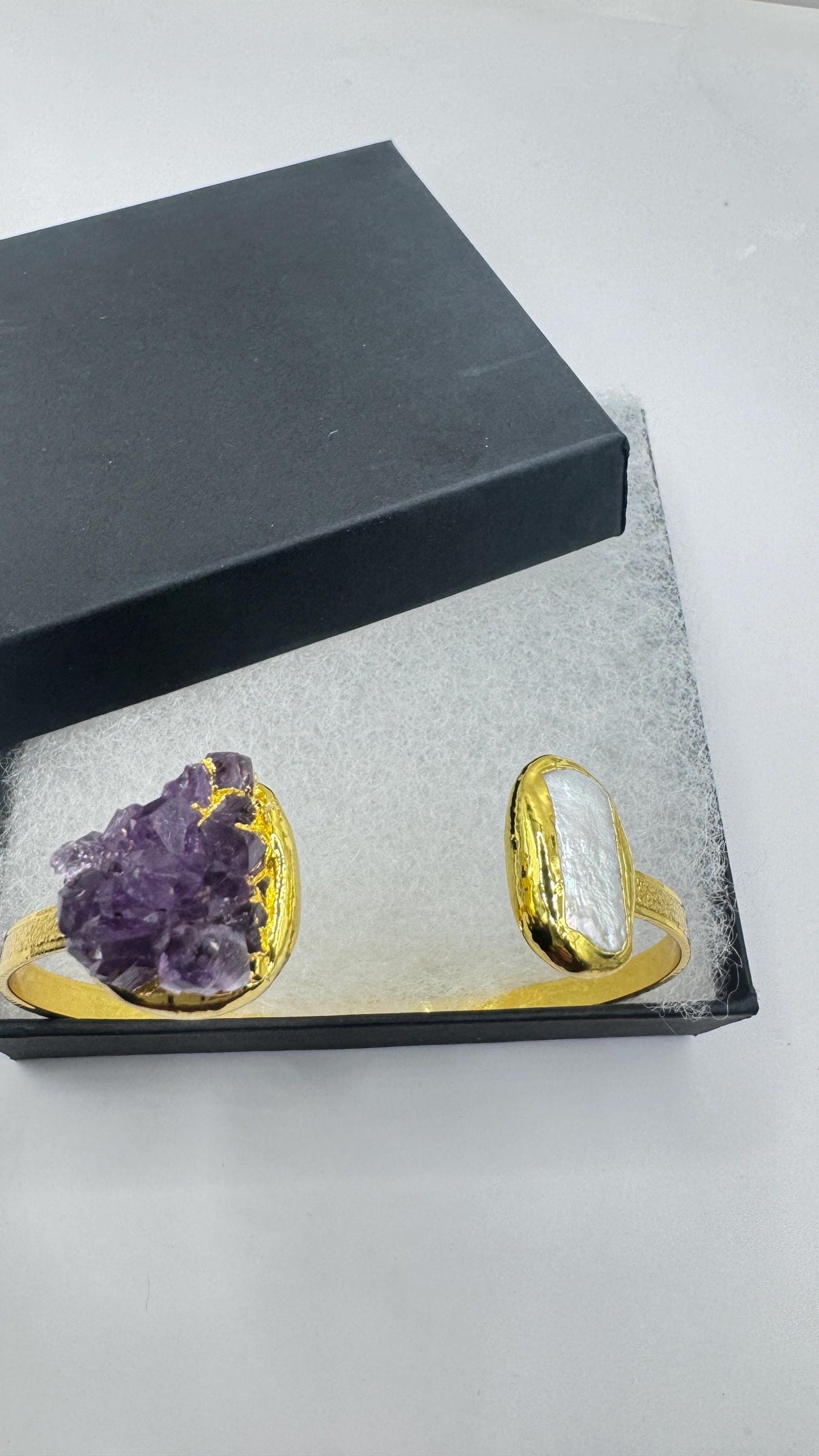 Vintage Pearl Amethyst Cuff Bangle Bracelet Golden 925 Sterling Silver
