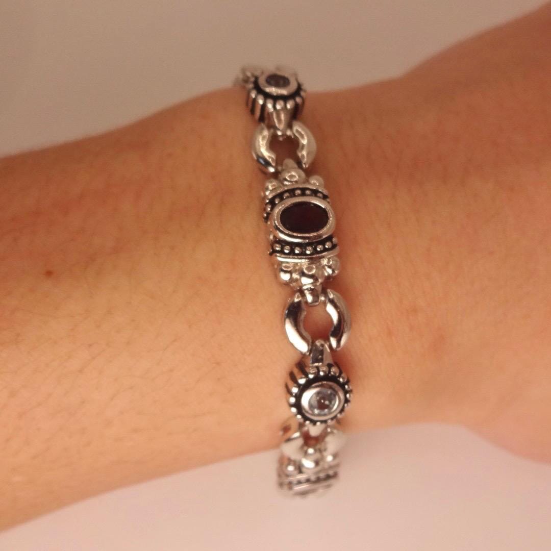 Vintage Red Garnet Clear Quartz Bracelet Sterling Silver Deco Tennis