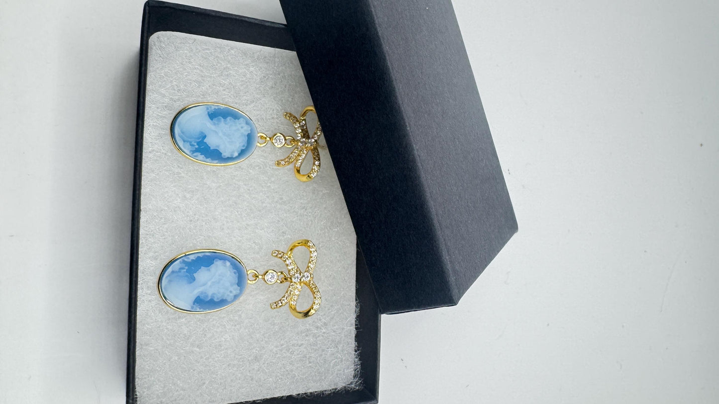 Vintage Blue Onyx Cameo Yellow Golden 925 Sterling Silver Earrings