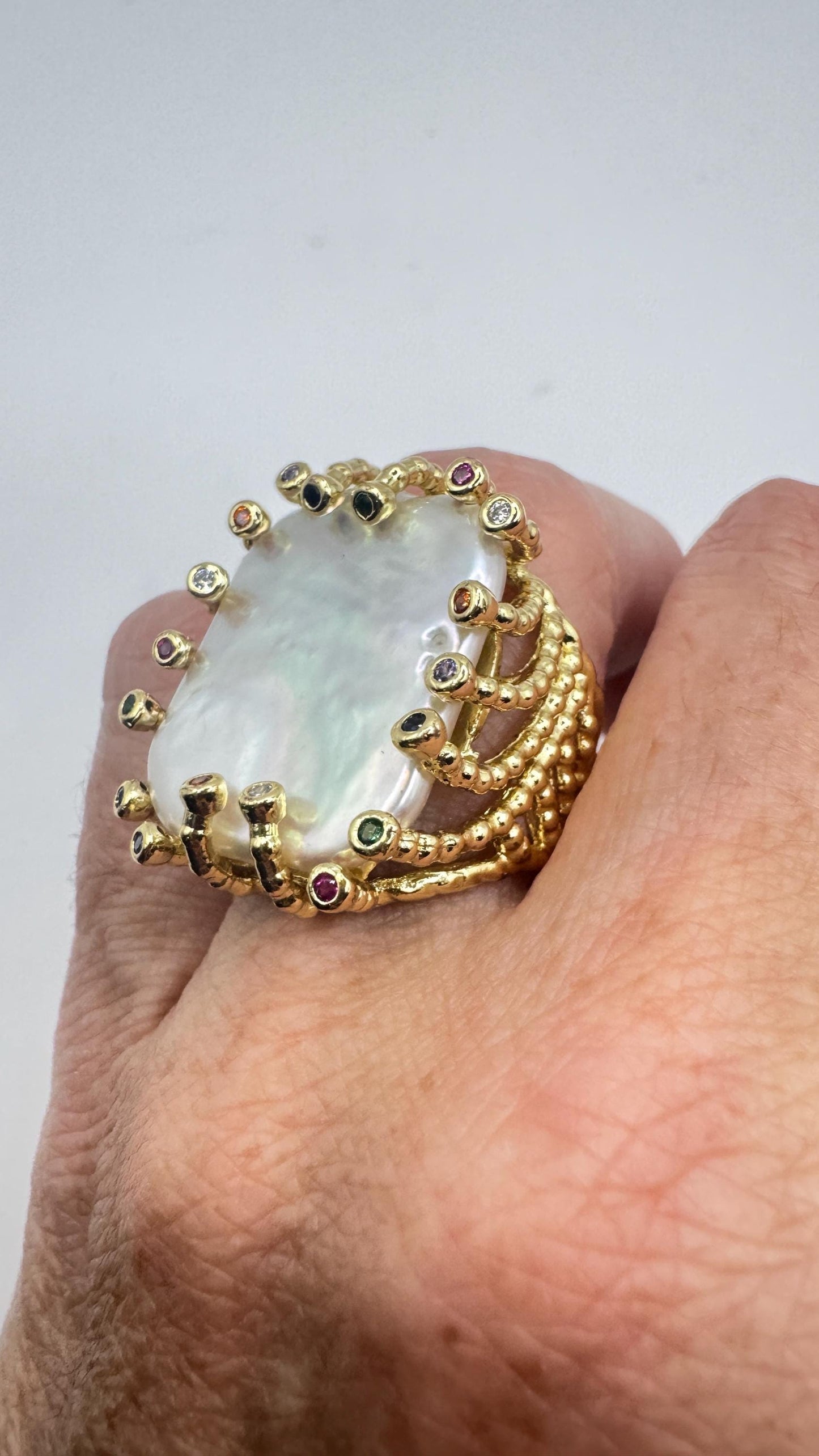 Vintage Biwa Pearl Ring Golden 925 Sterling Silver Cocktail Statement Adjustable