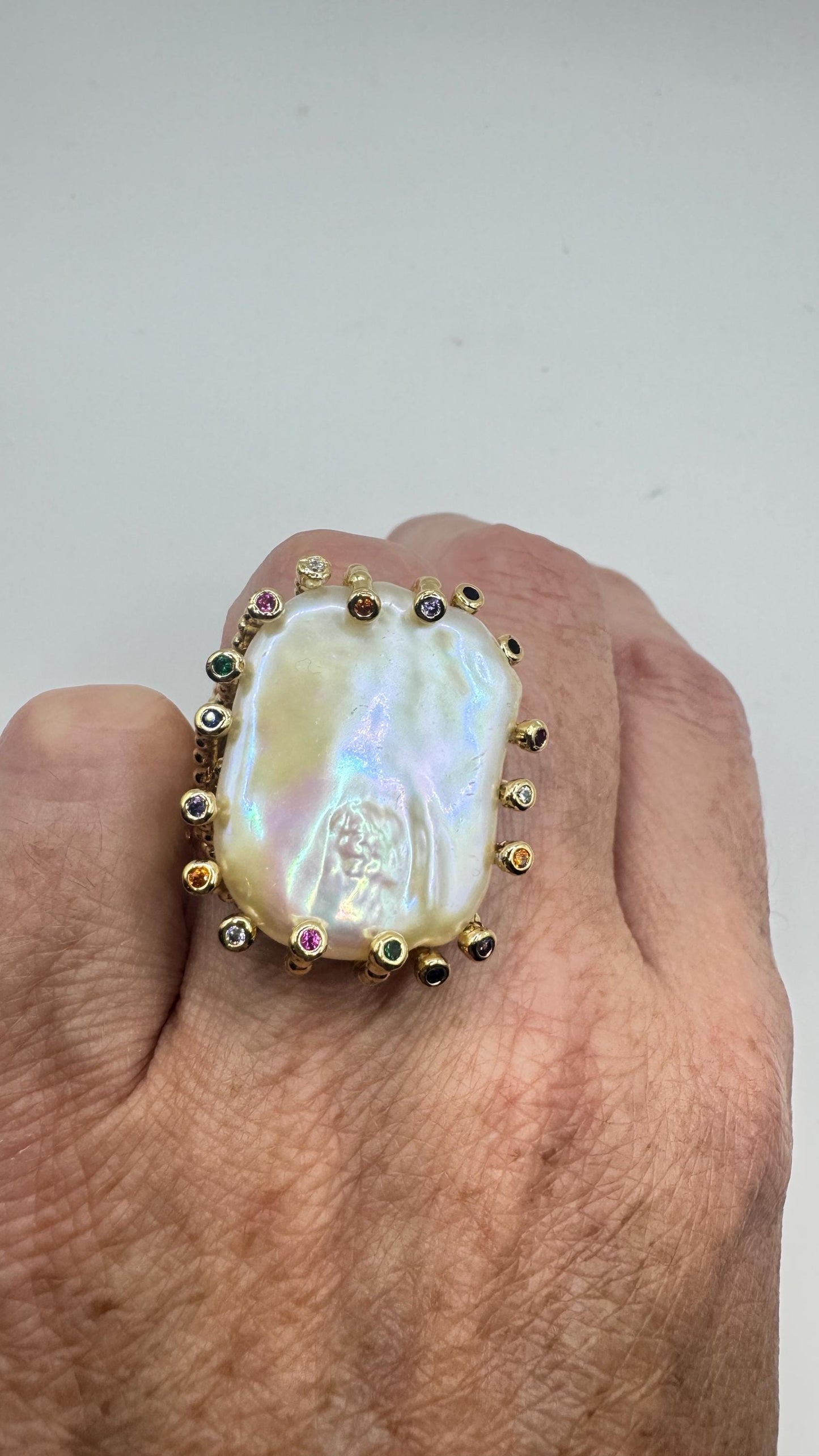 Vintage Biwa Pearl Ring Golden 925 Sterling Silver Cocktail Statement Adjustable