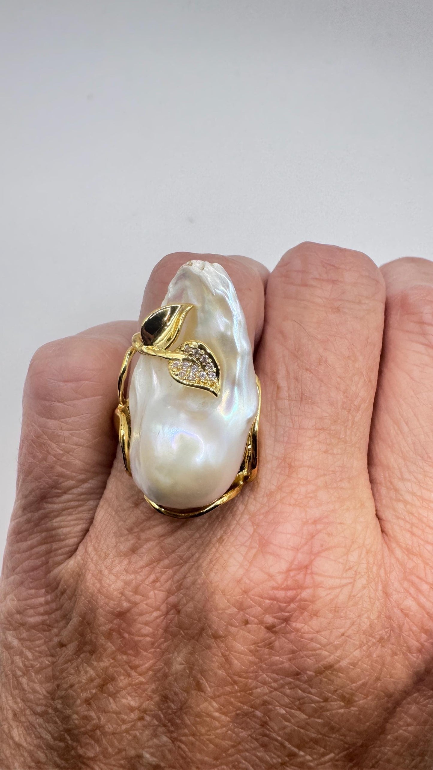 Vintage Biwa Pearl Ring Golden 925 Sterling Silver Cocktail Statement Adjustable