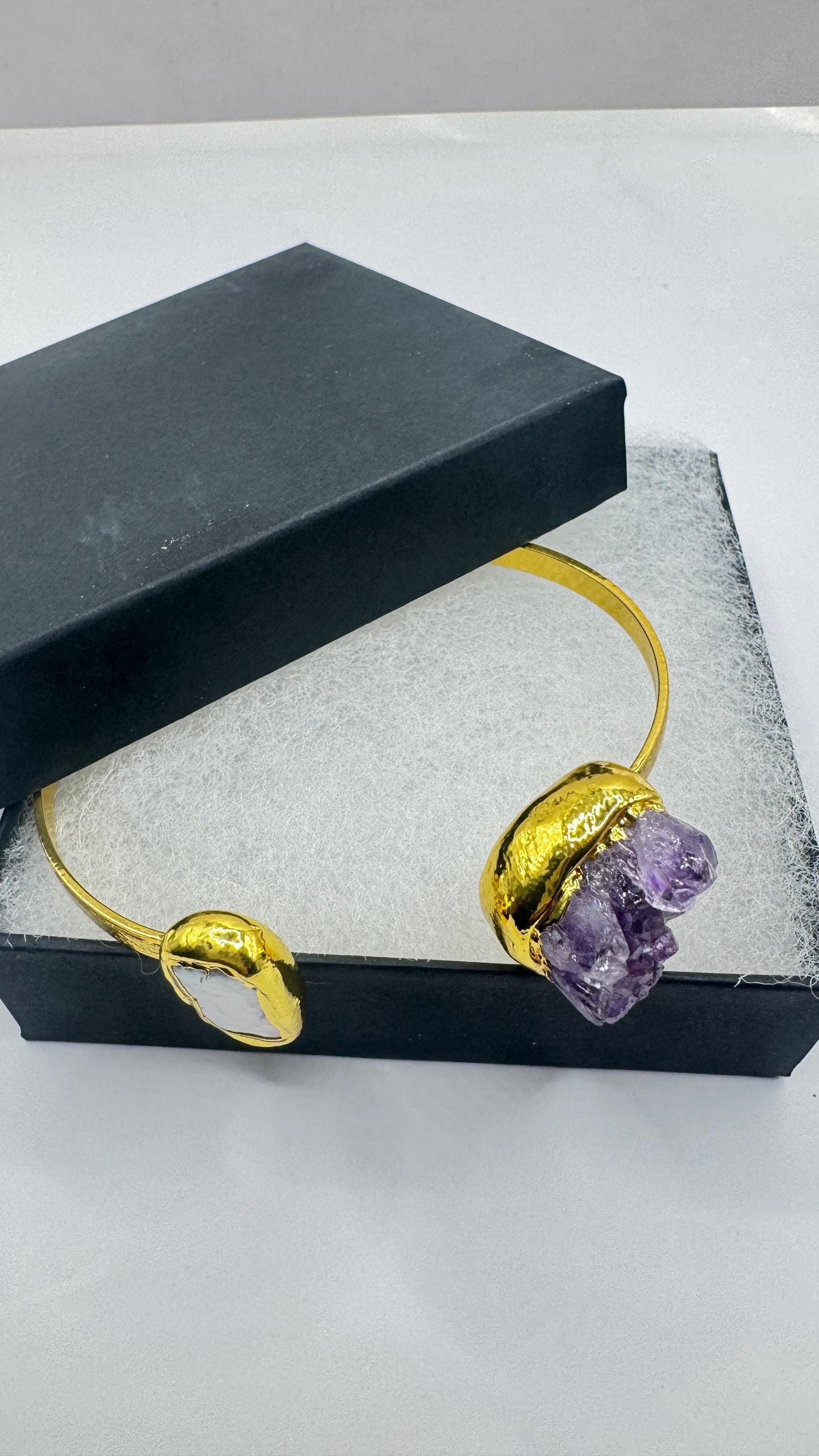 Vintage Pearl Amethyst Cuff Bangle Bracelet Golden 925 Sterling Silver