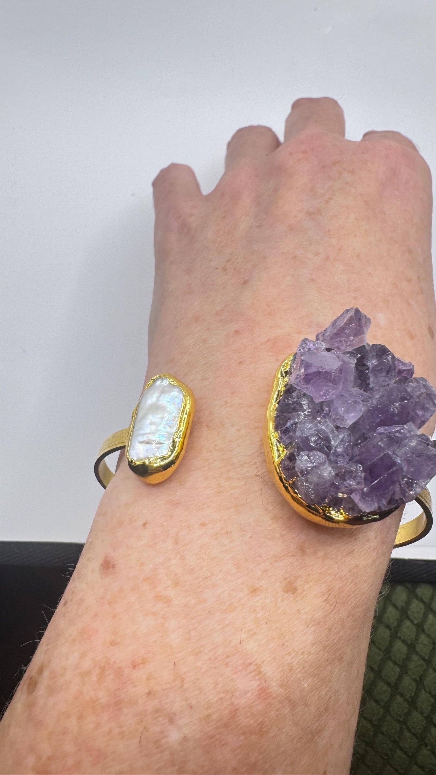 Vintage Pearl Amethyst Cuff Bangle Bracelet Golden 925 Sterling Silver