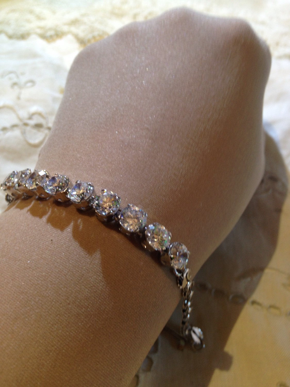 Vintage Handmade Cubic Zirconia in 925 Sterling Silver Tennis Bracelet