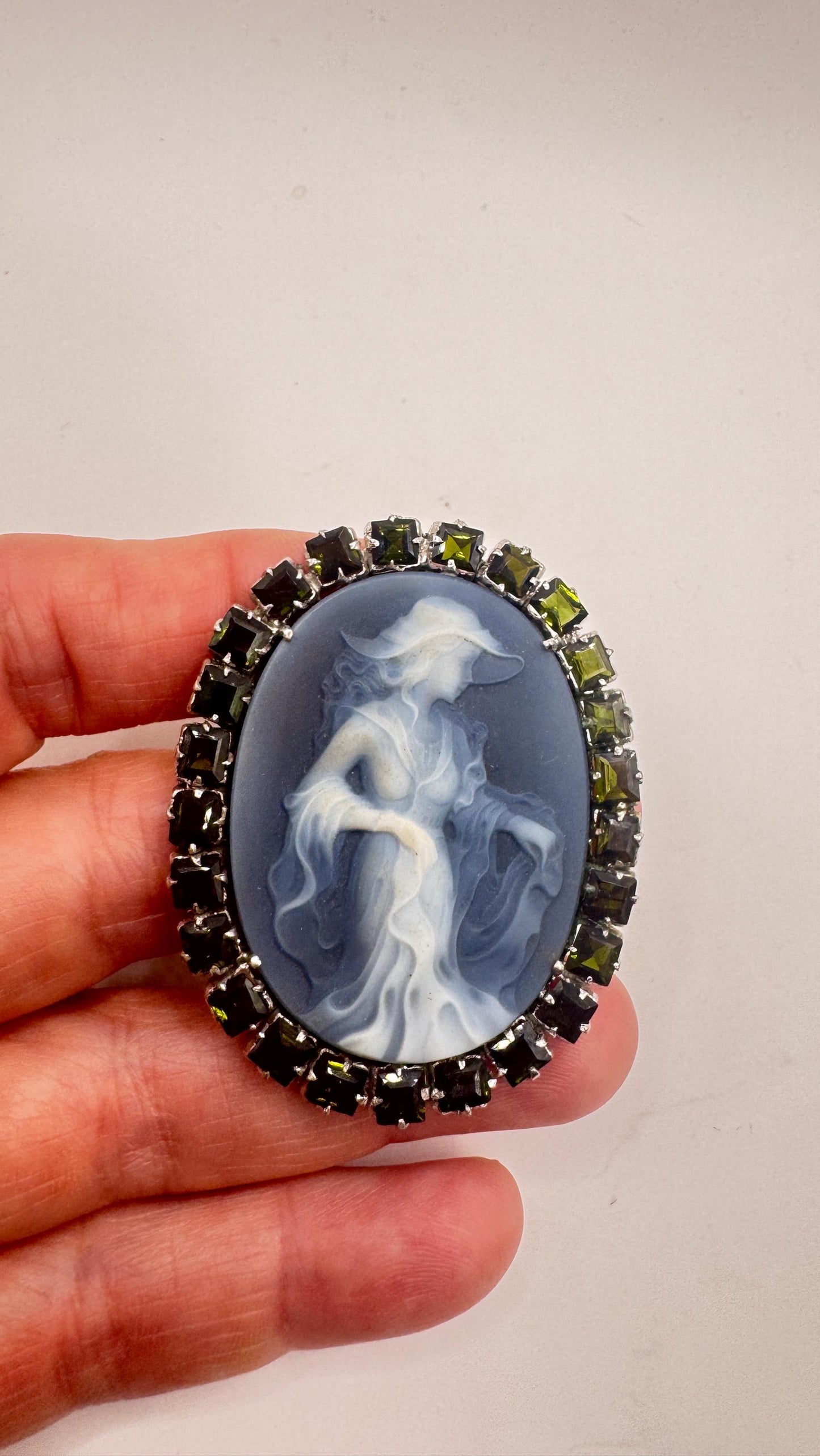 Vintage Moon Goddess Genuine Black Onyx Cameo Gold Sterling Silver Necklace Pin Brooch