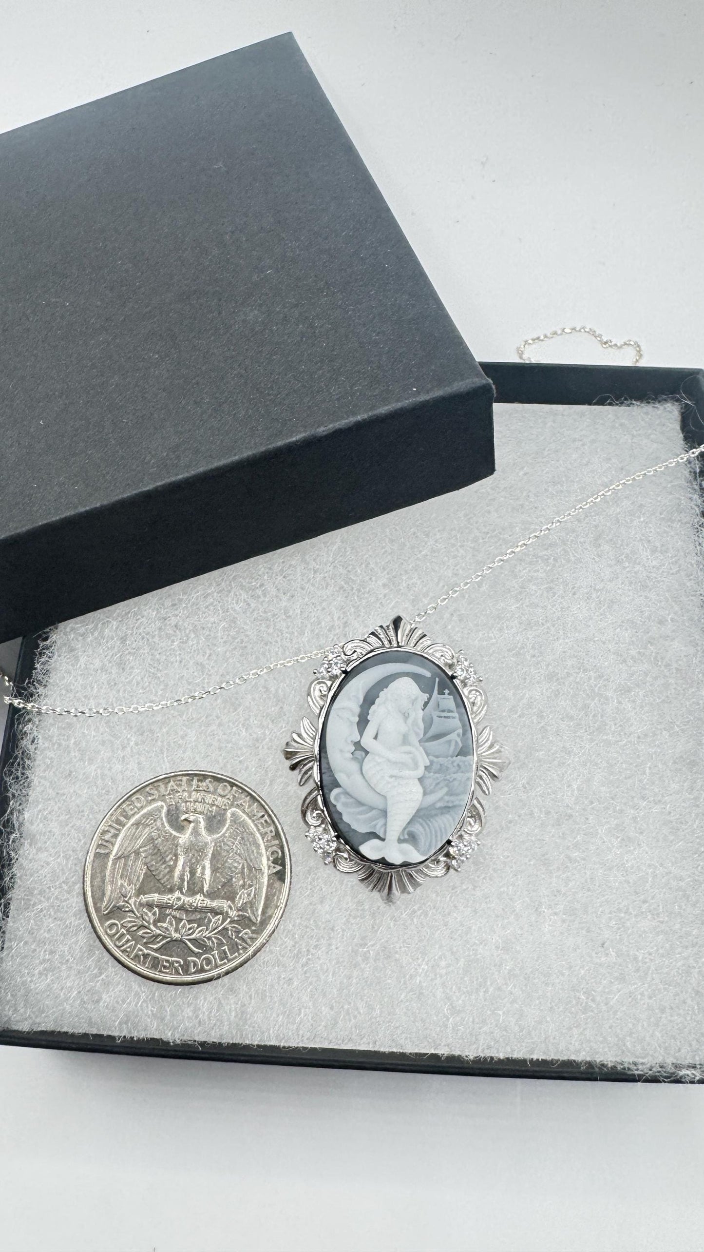 Vintage Black Onyx Mermaid Cameo Sterling Silver Necklace Choker