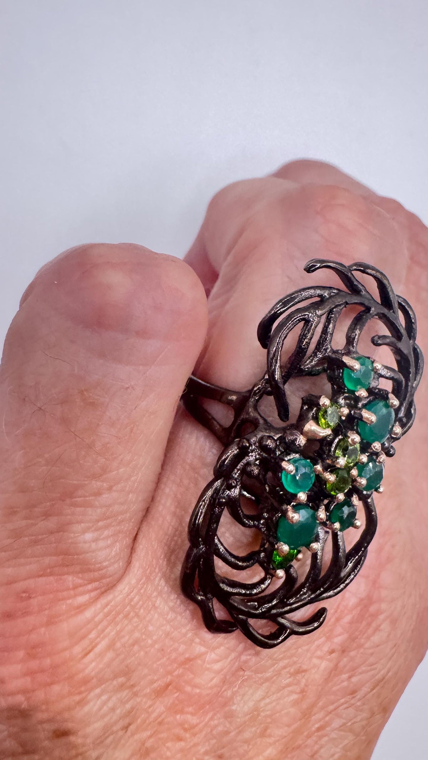Vintage Green Emerald and Peridot 925 Sterling Silver Cocktail Ring