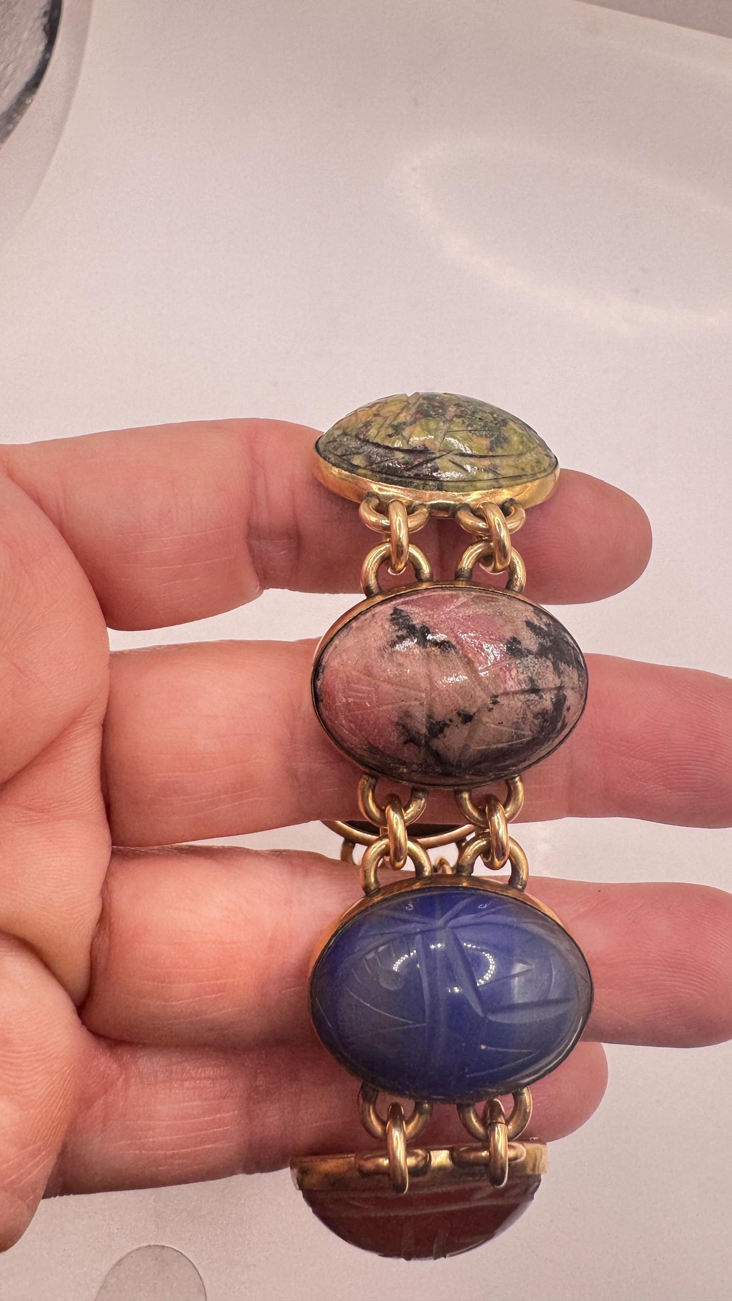 Vintage Scarab Bracelet Golden filled Carved Gemstones