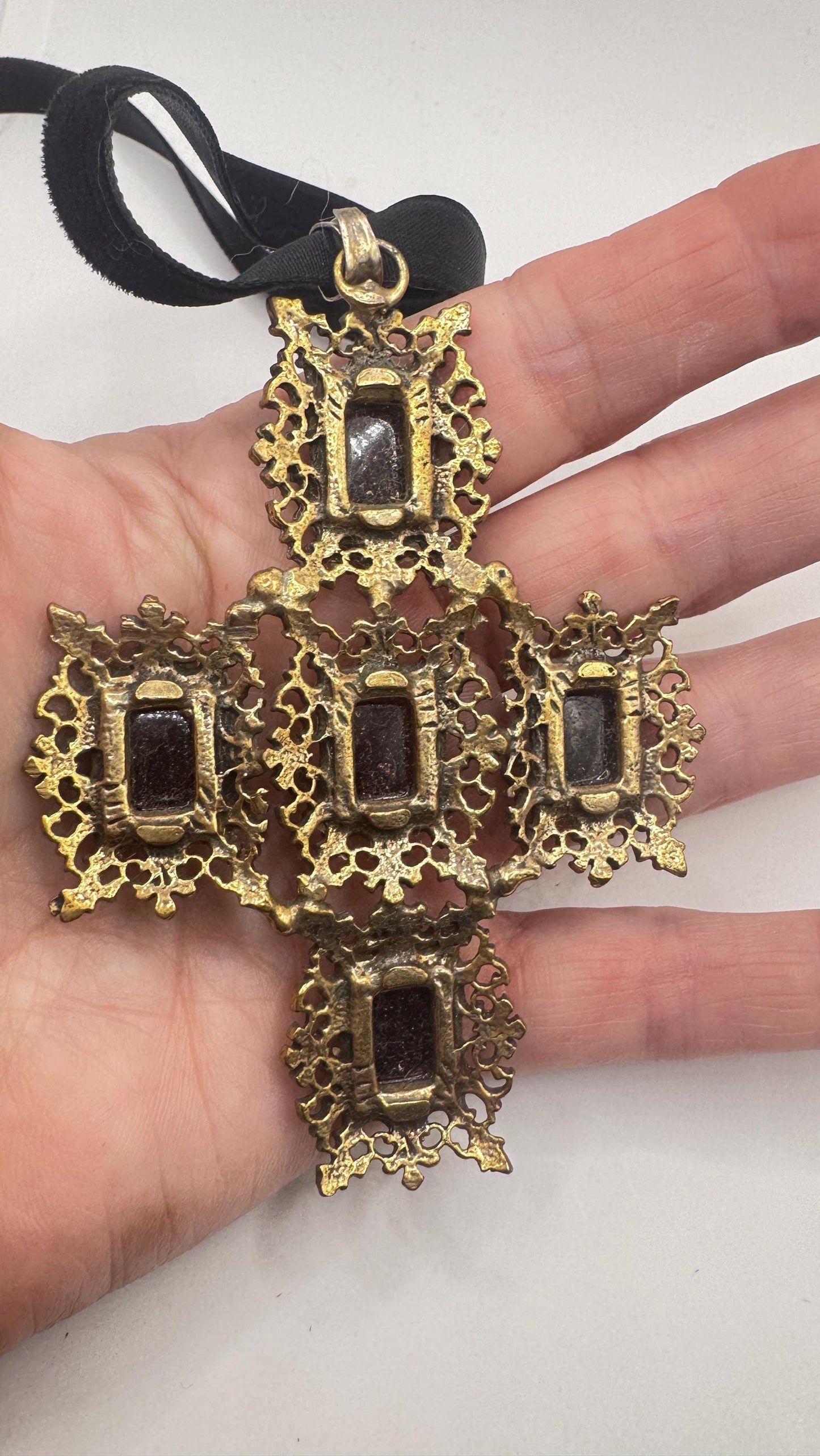 Vintage Bohemian Garnet Cross 925 Sterling Silver Antiqued Gold finish Pendant Necklace