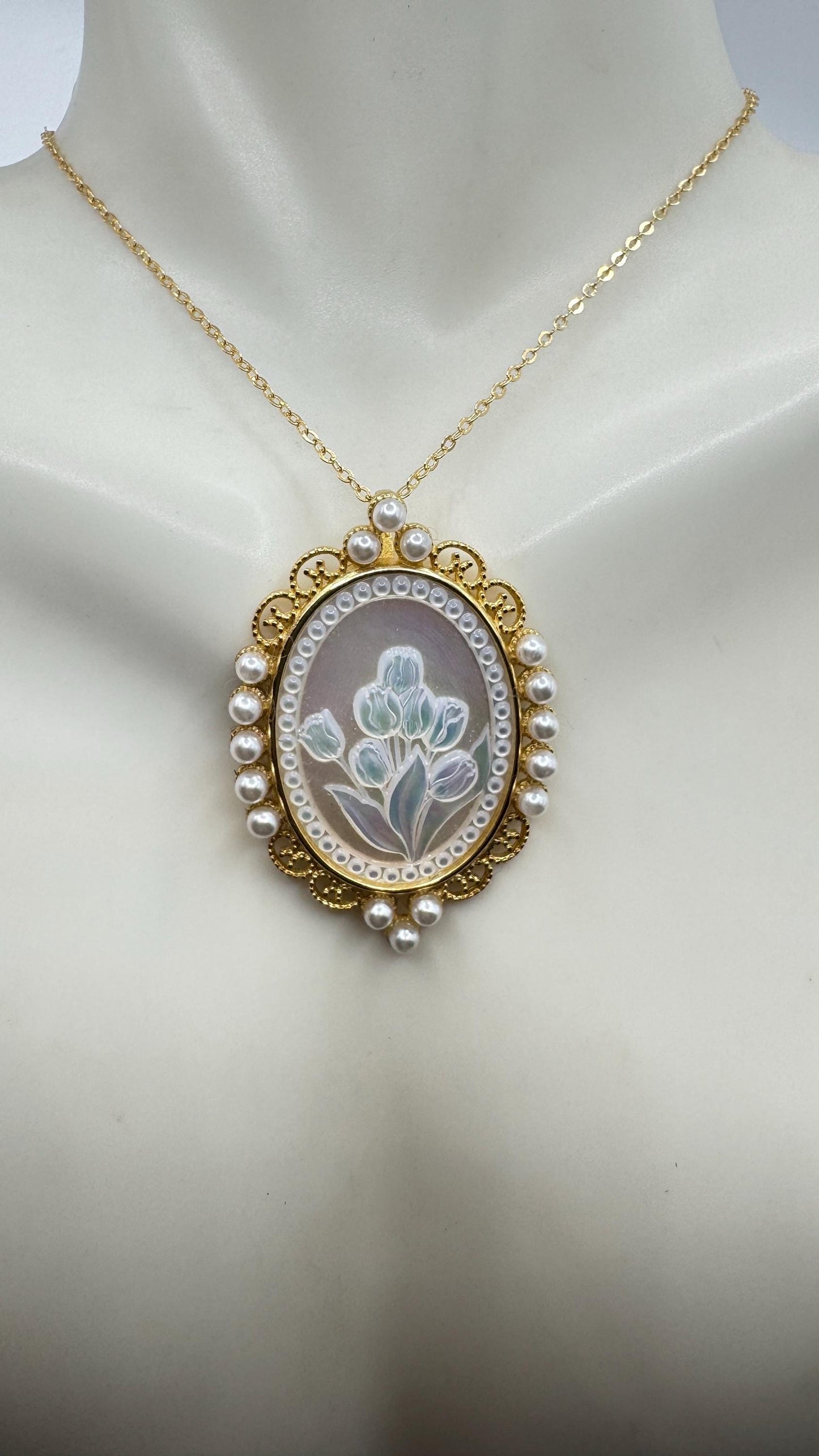Vintage Flower Cameo Golden 925 Sterling Silver Necklace Choker