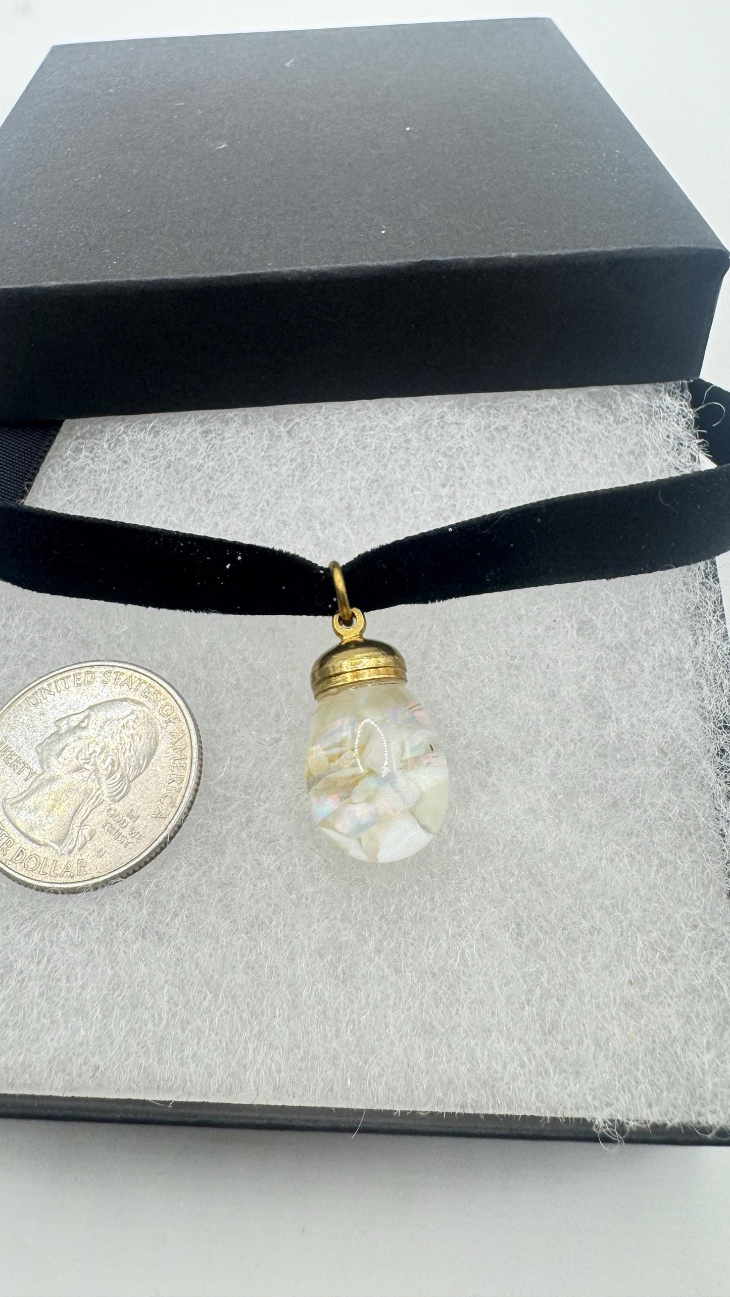 Vintage White Floating Opal Choker Pendant Necklace Black Choker