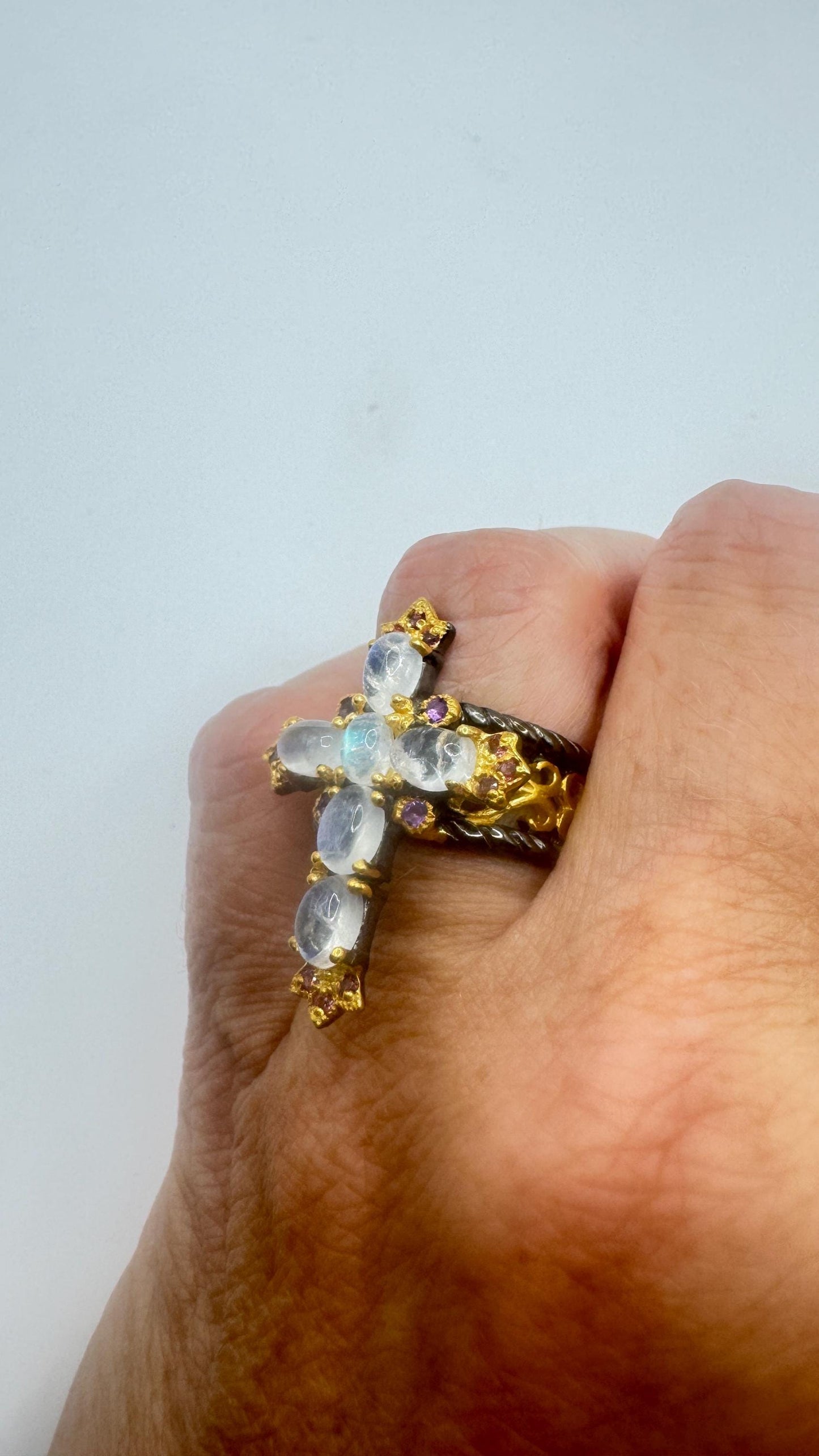 Vintage Rainbow Moonstone Cross Ring 925 Sterling Silver