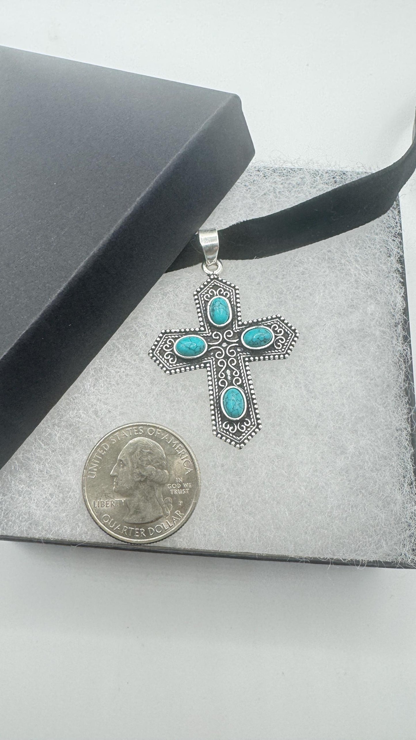 Vintage Turquoise Silver Bronze Cross Necklace
