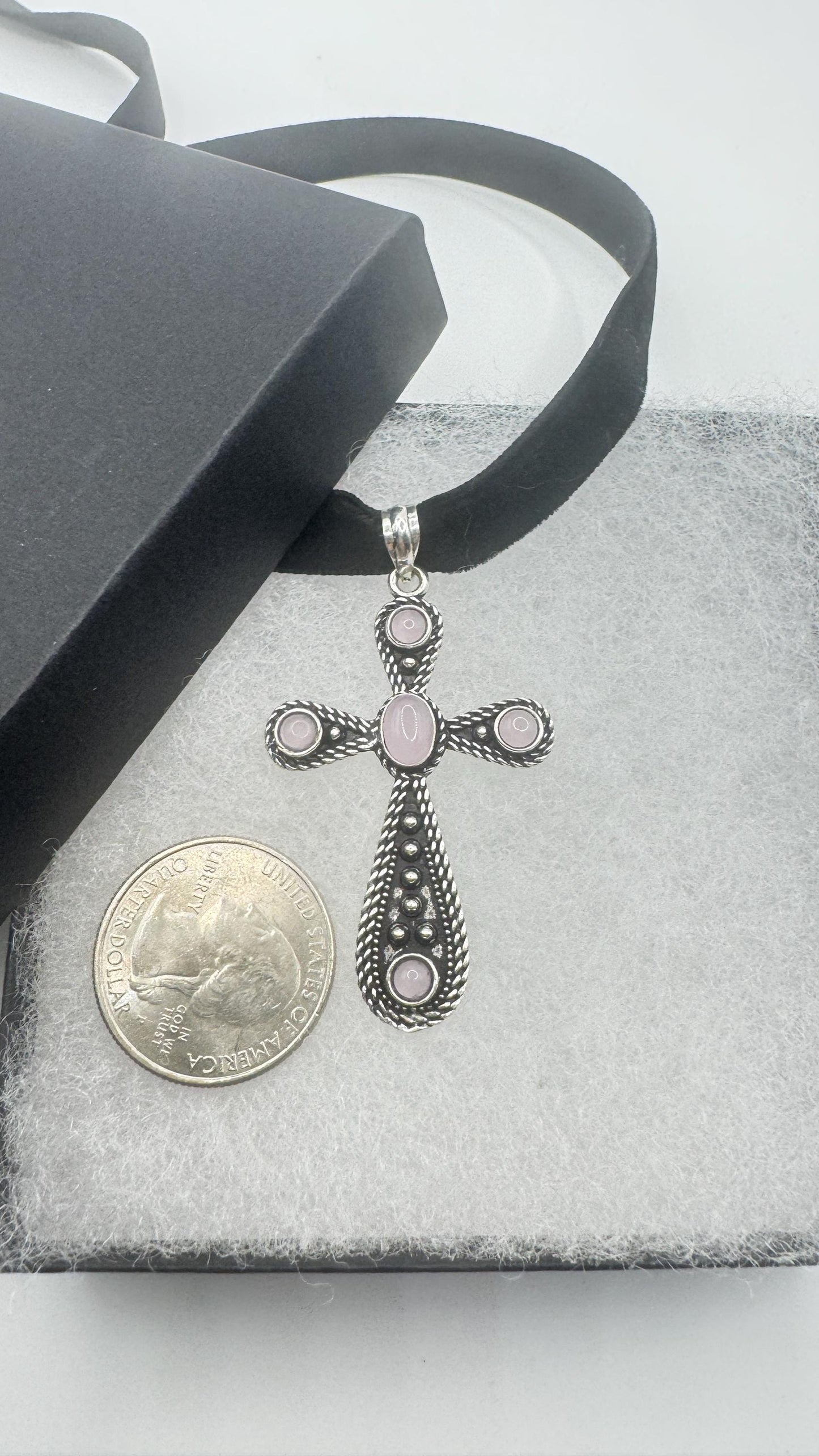 Vintage Rose Quartz Bronze Silver Cross Pendant
