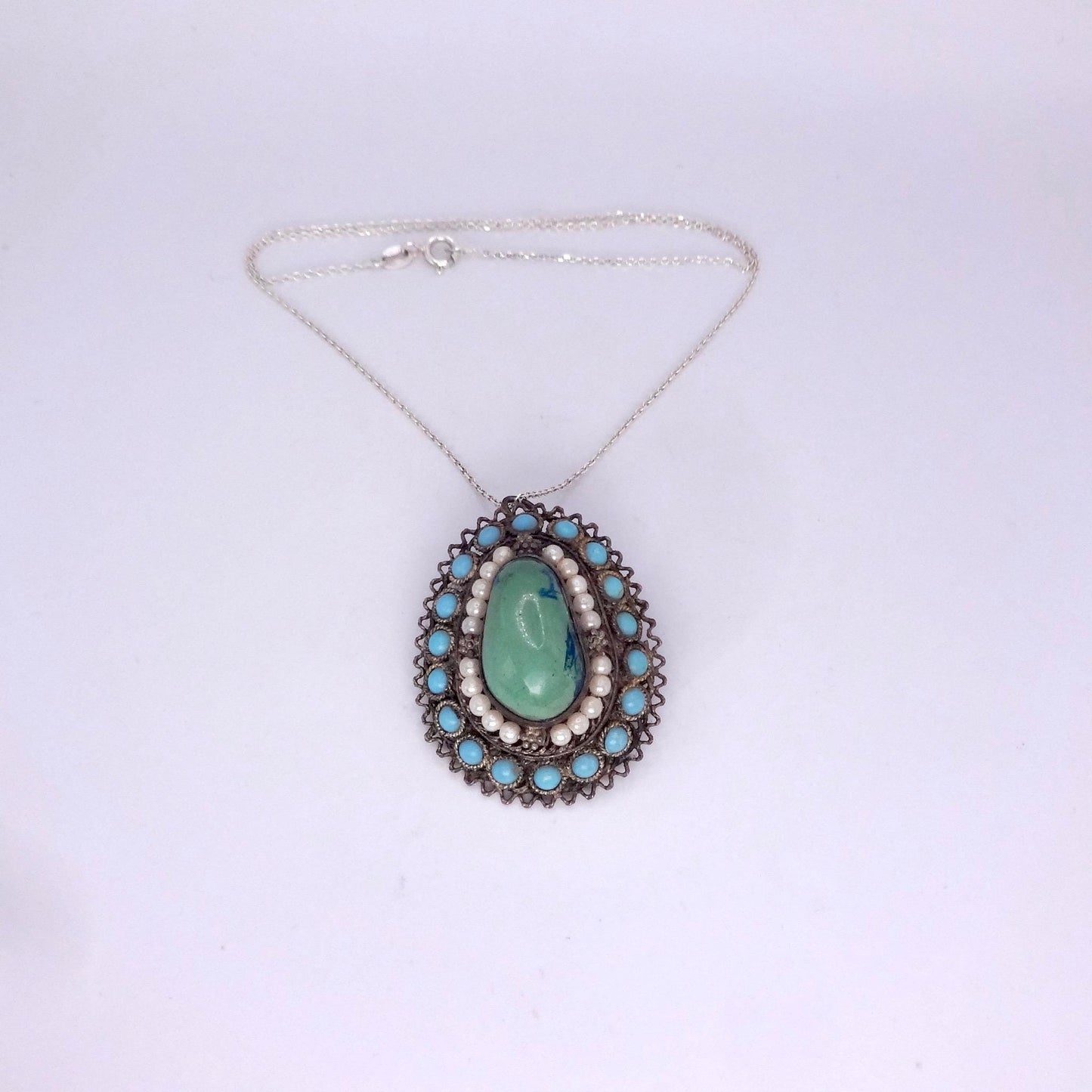 Vintage Austrio Hungarian Turquoise 925 Sterling Silver Brooch Pin Necklace