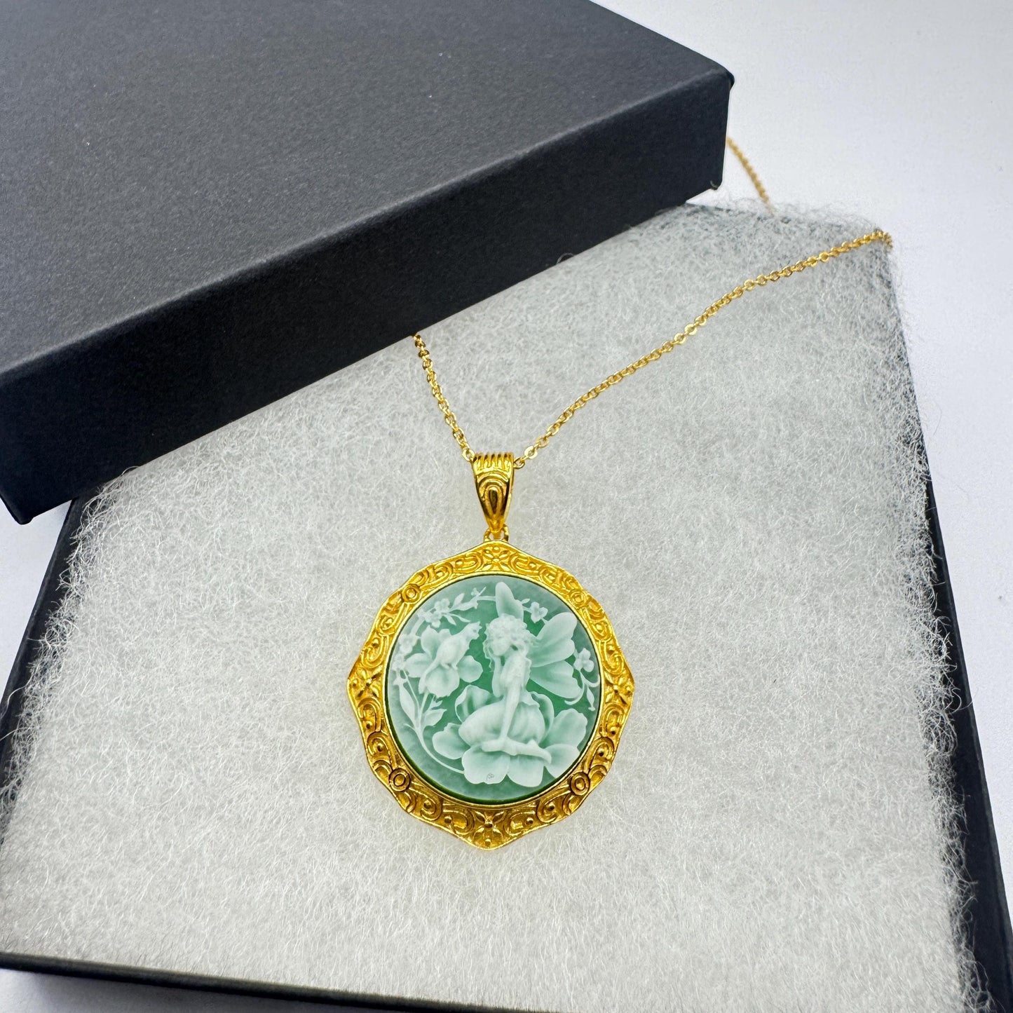Vintage Fairy Carved Cameo 925 Sterling Silver Necklace Choker