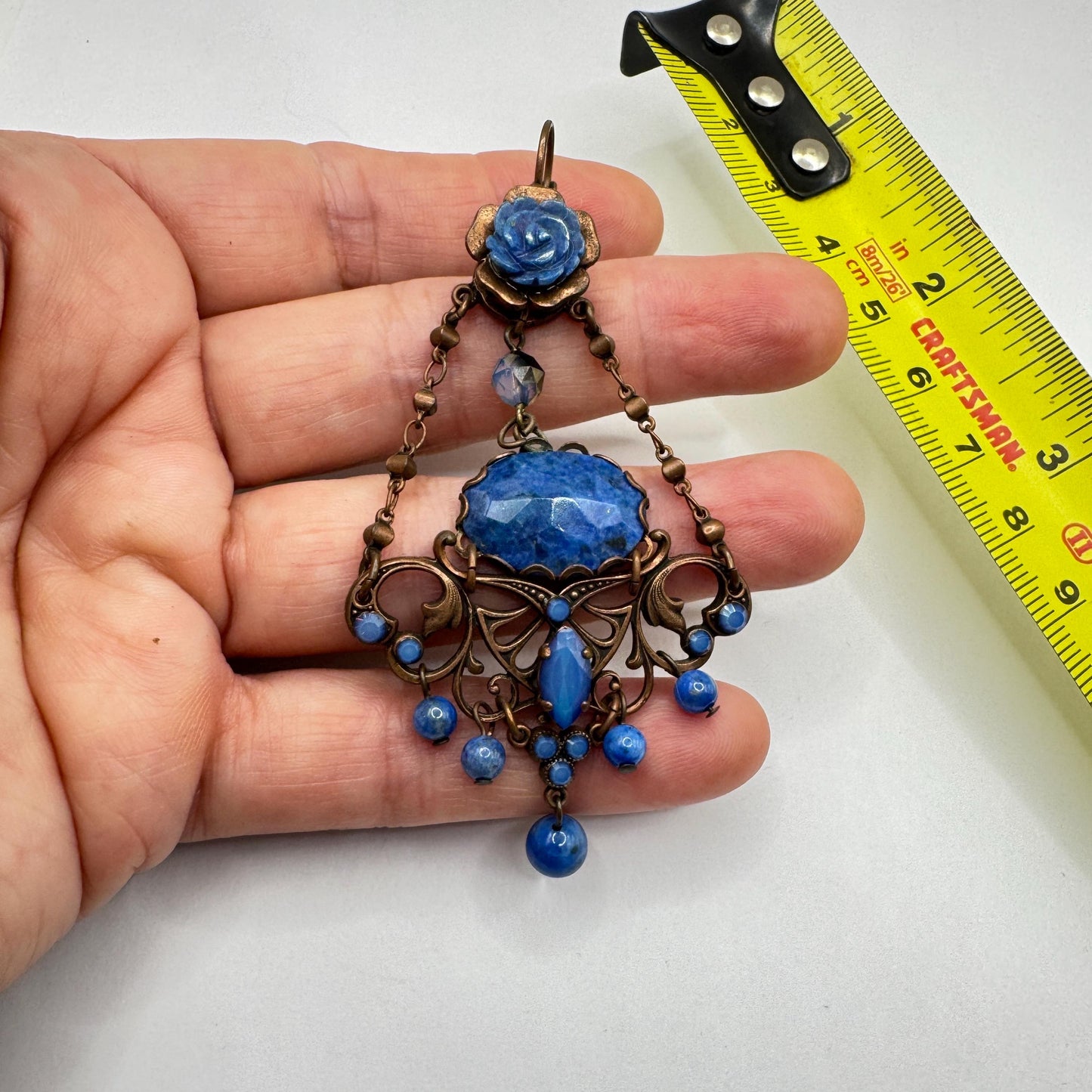 Vintage Blue Lapis Lazuli Bronze Chandelier Earrings Dangle