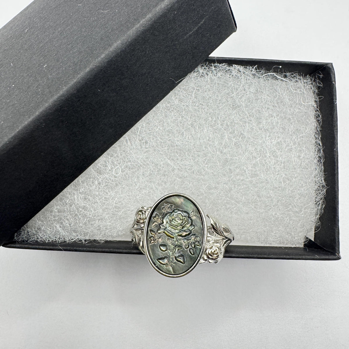 Vintage Rose Flower Abalone Cameo 925 Sterling Silver Ring Adjustable