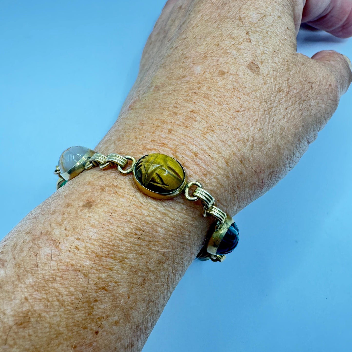 Vintage Scarab Bracelet Golden filled Carved Gemstones