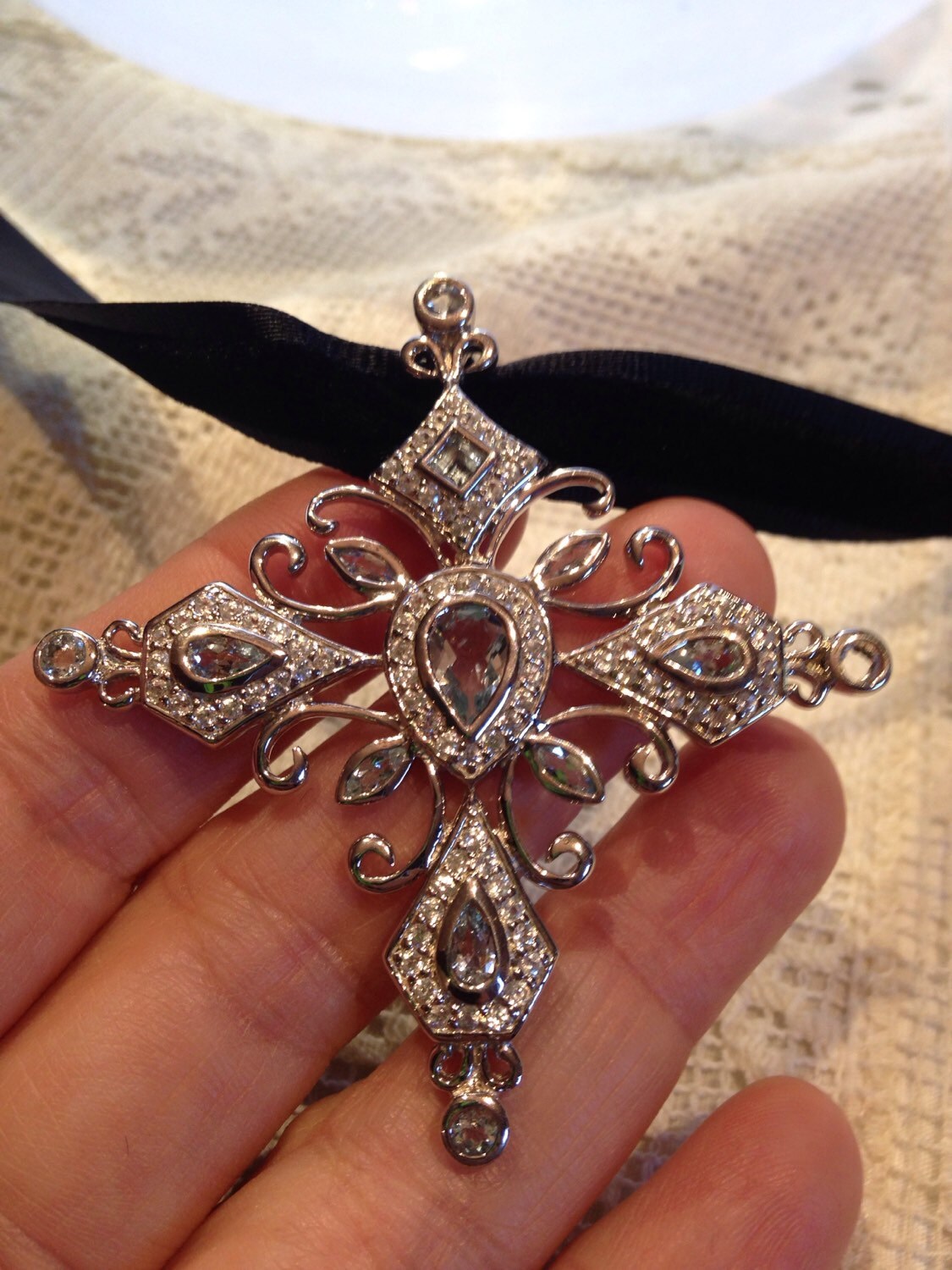 Vintage Handmade 925 Sterling Silver Pale Blue Aquamarine Cross Pendant