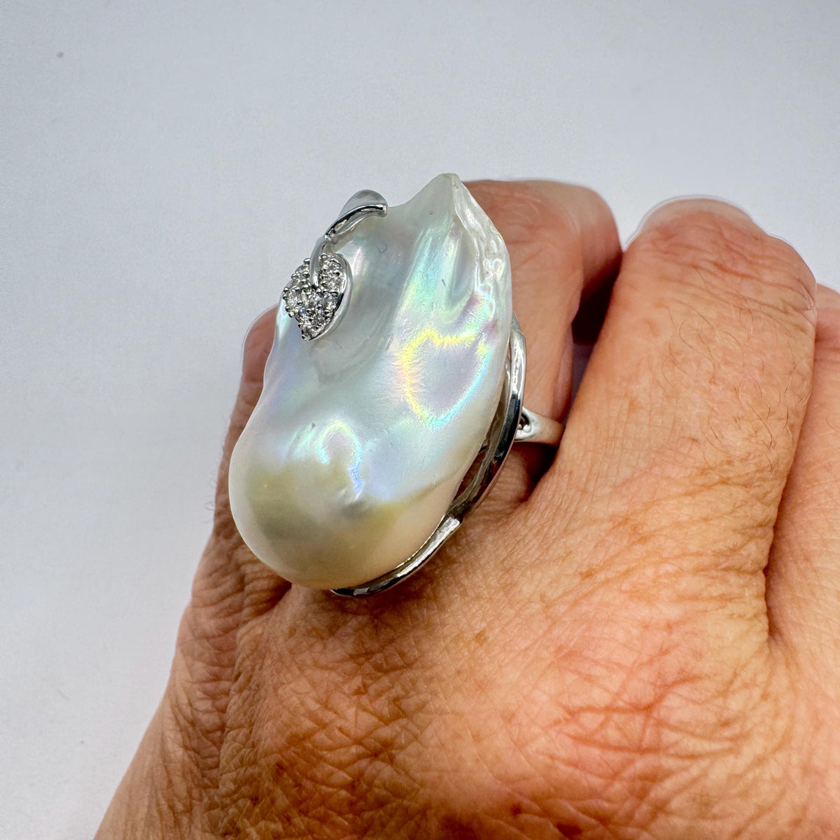 Vintage Biwa Pearl Ring 925 Sterling Silver Cocktail Statement Adjustable