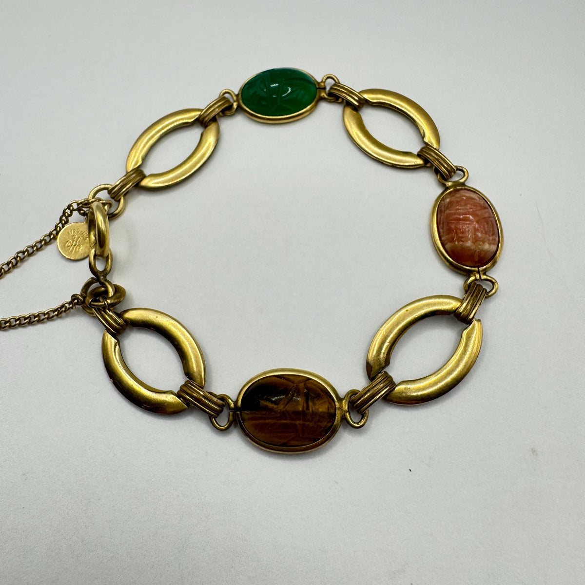 Vintage Scarab Bracelet Golden filled Carved Gemstones