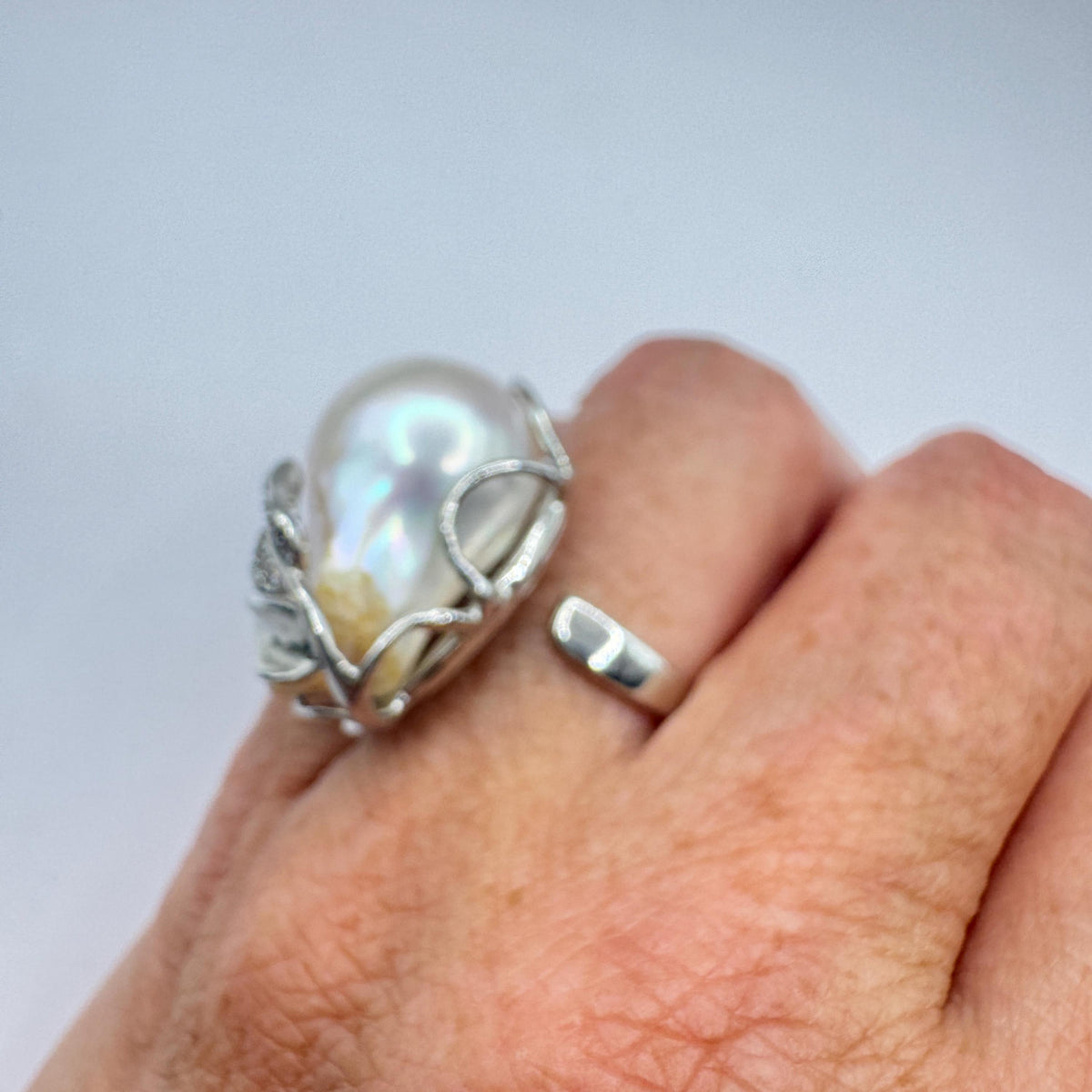 Vintage Biwa Pearl Ring 925 Sterling Silver Cocktail Statement Adjustable