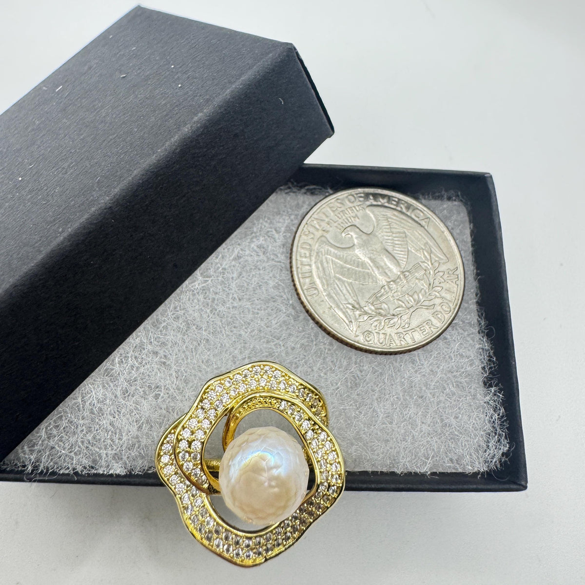 Vintage Biwa Pearl Ring Golden 925 Sterling Silver Cocktail Statement Adjustable