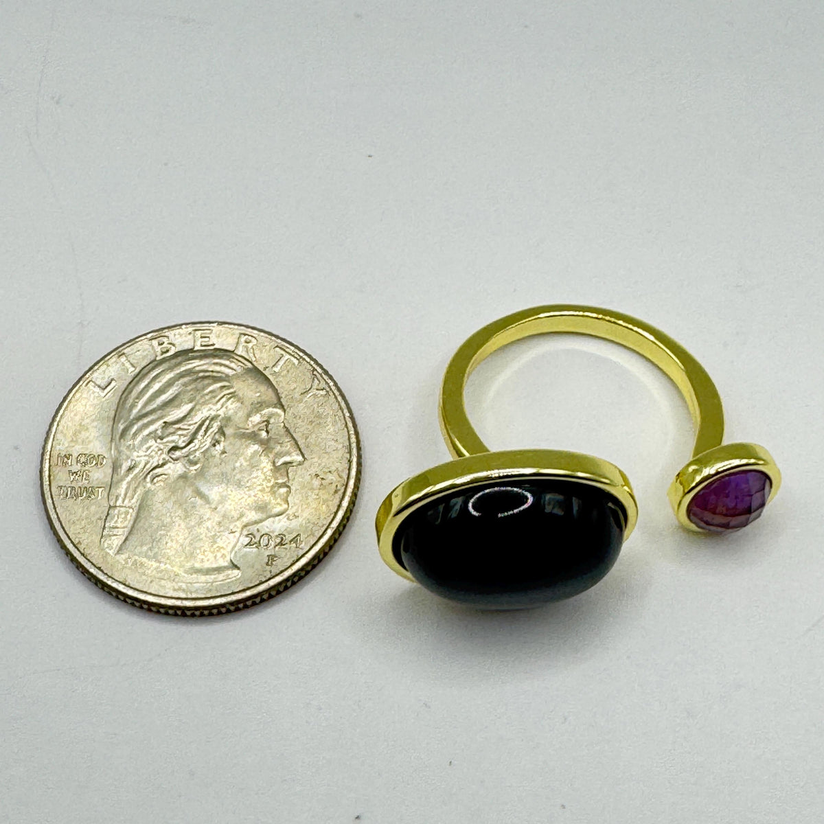 Vintage Black Onyx Purple Amethyst Ring Golden Bronze Cocktail Statement Adjustable