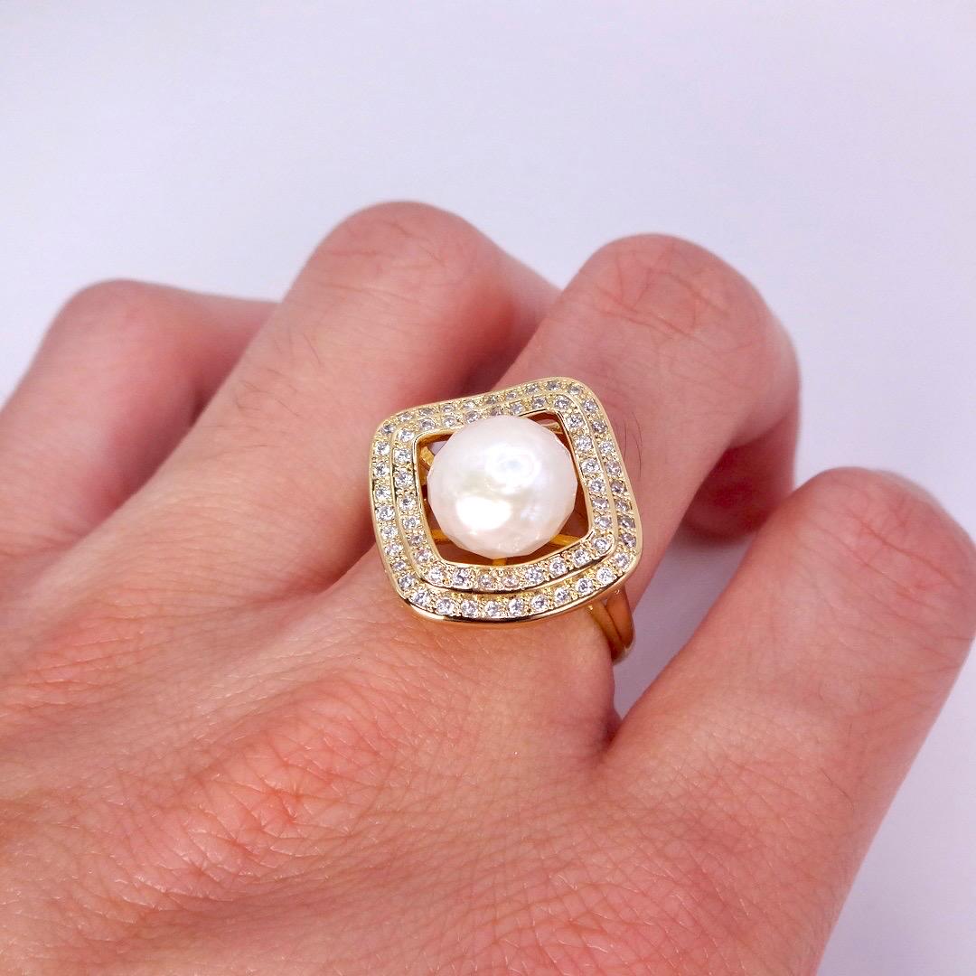 Vintage Biwa Pearl Ring Golden 925 Sterling Silver Cocktail Statement Adjustable