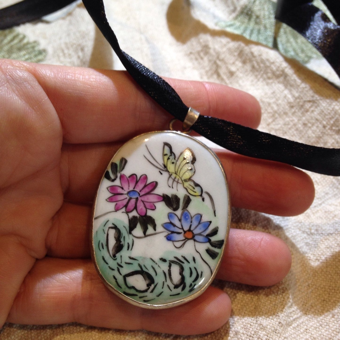 Vintage Handmade painted porcelain Silver Pendant