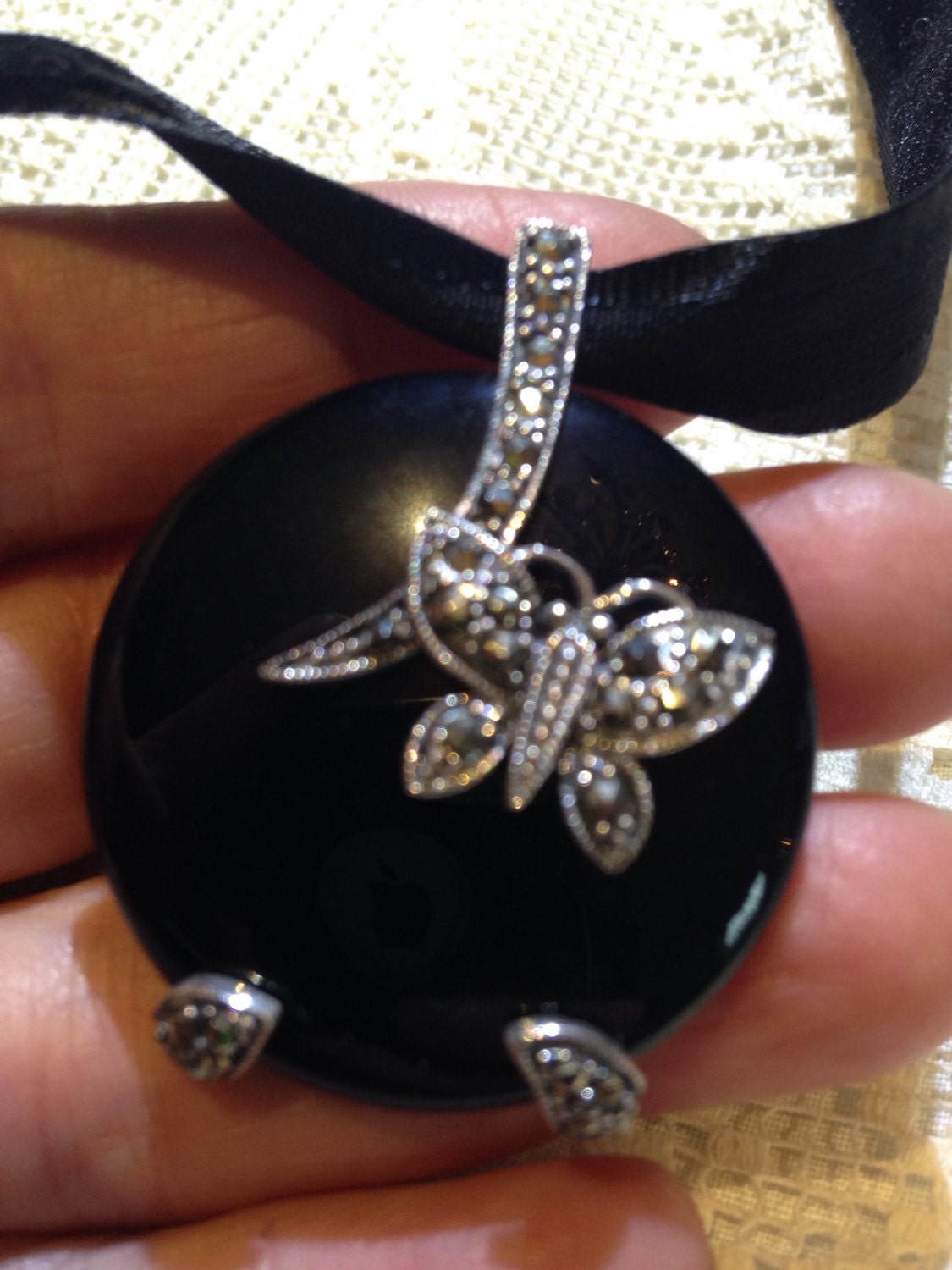 Marcasite Sterling Silver Onyx Dangle Pendant