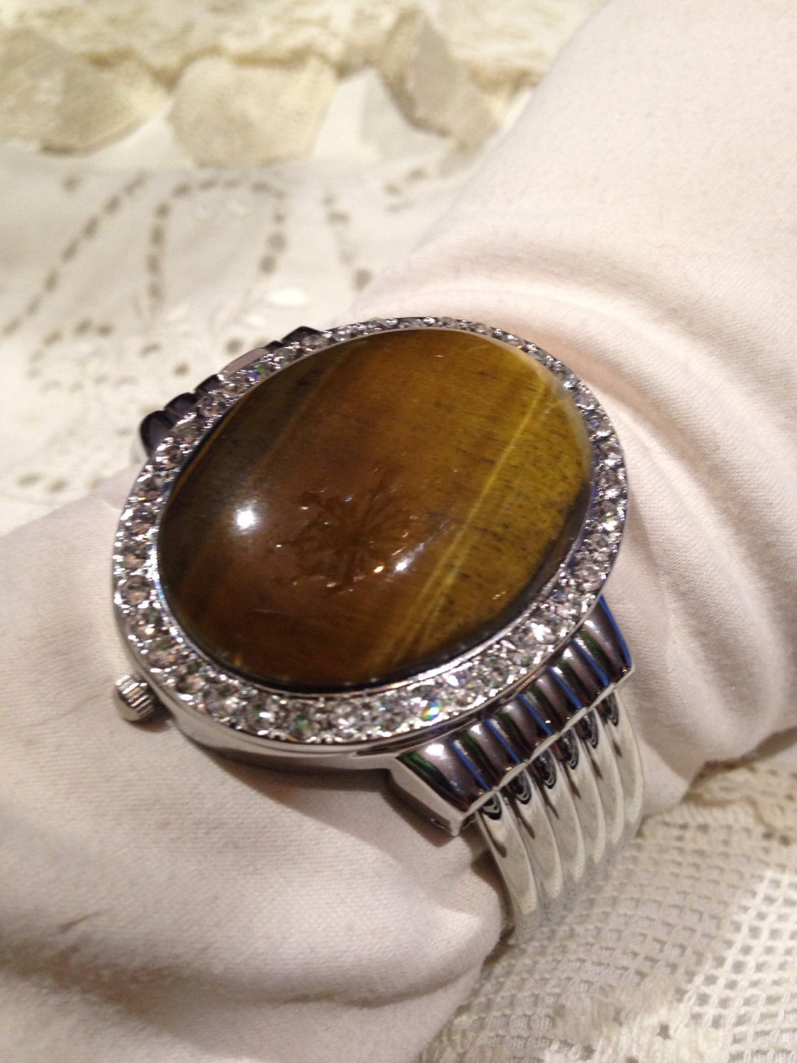Vintage Tigers Eye Gemstone bangle Bracelet watch