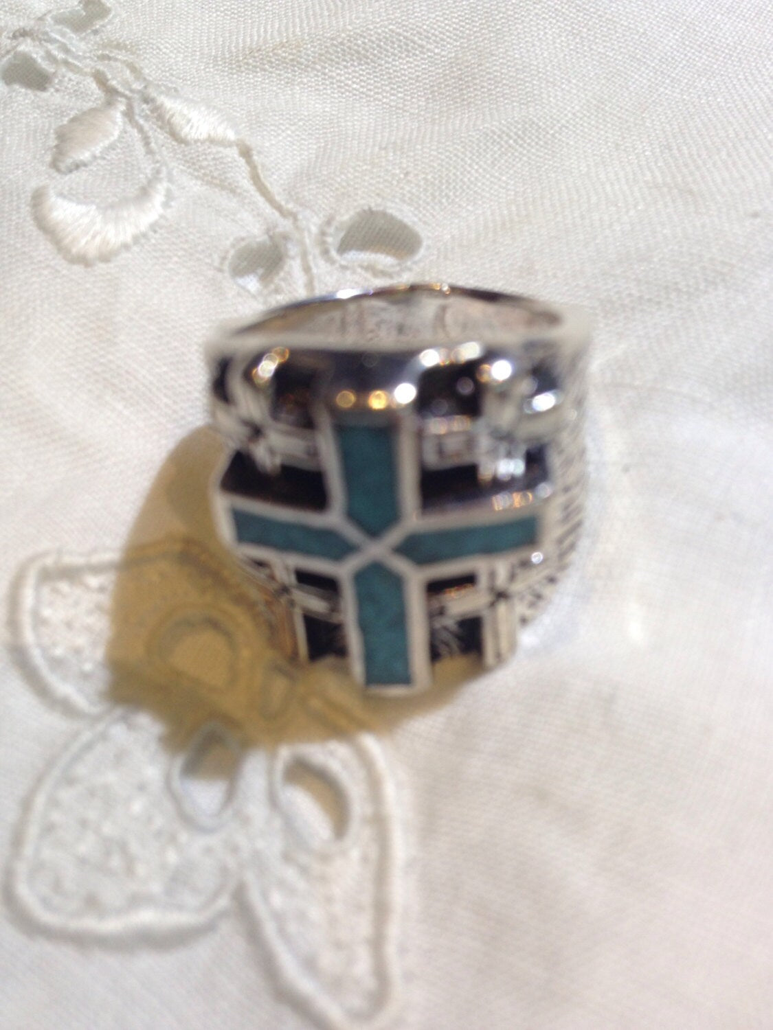 Vintage Gothic Southwestern Genuine Turquoise Cross Mens Ring