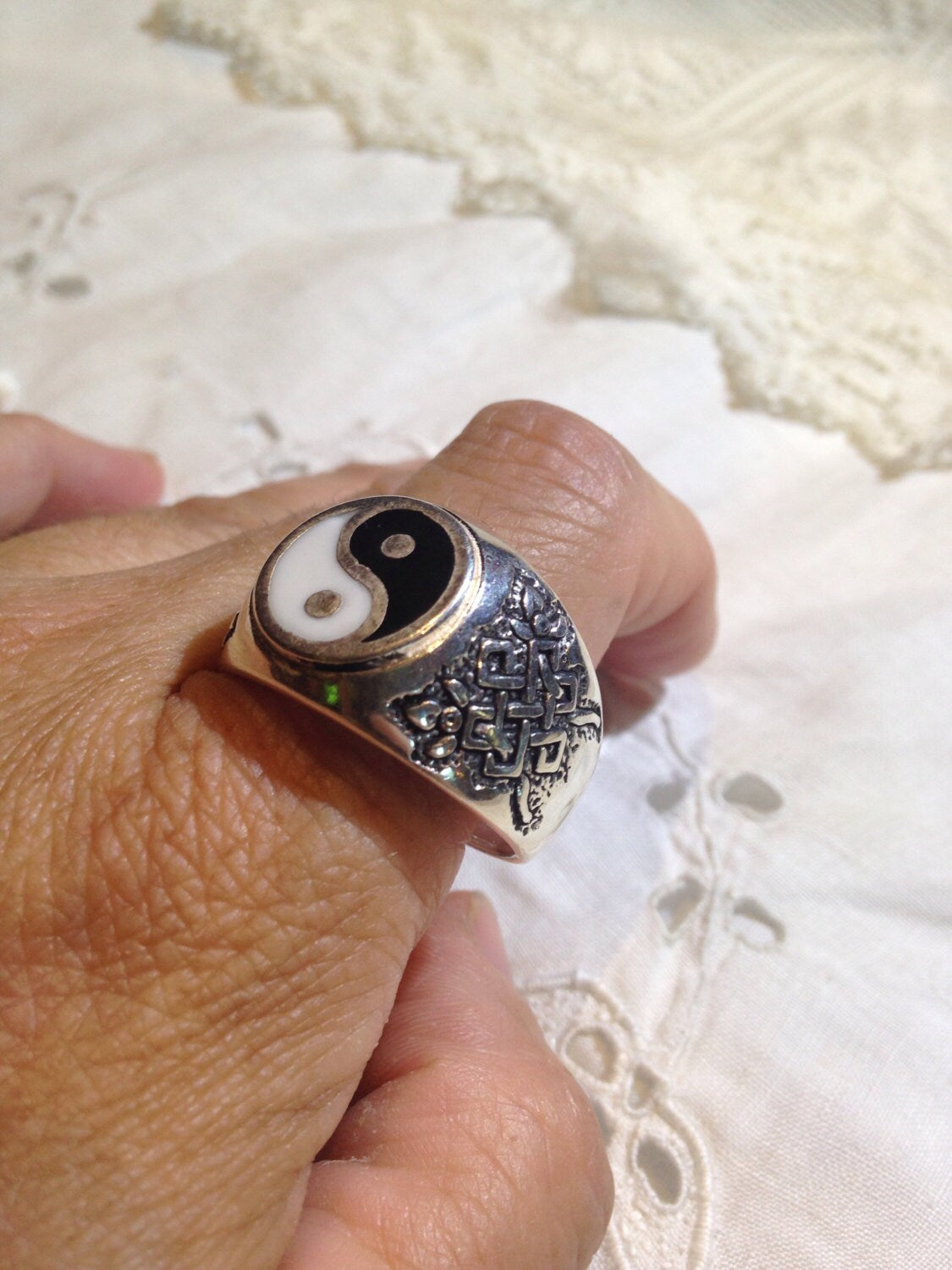 Vintage Gothic Black and White Enamel Yin Yang Mens Ring