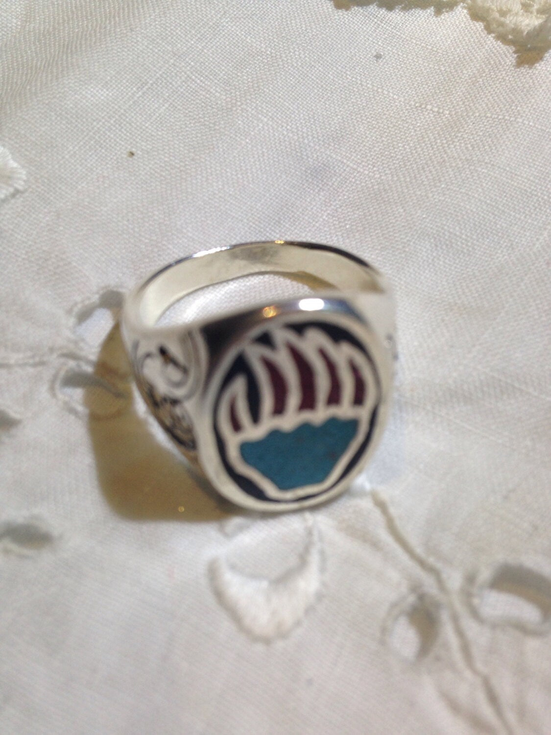 Vintage Native American Southwestern Style Turquoise Stone Inlay Mens Bear Paw Ring