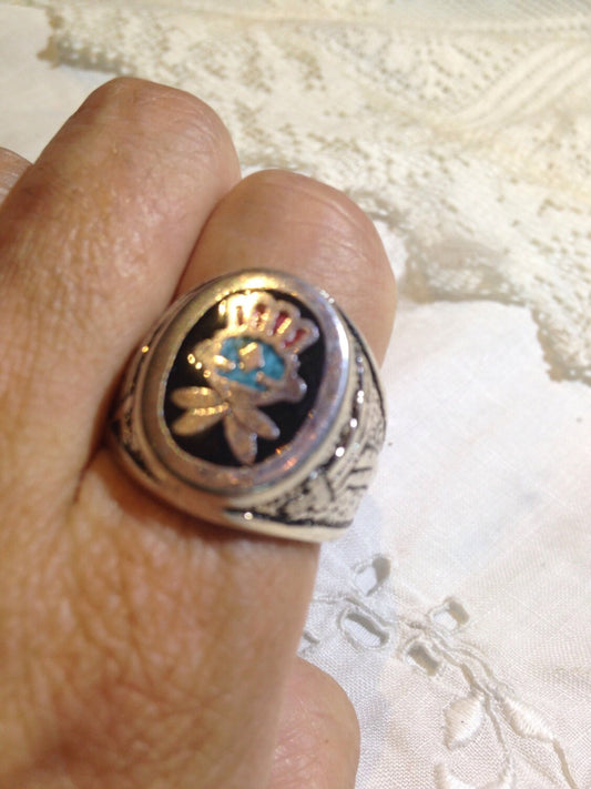 Vintage Native American Style Southwestern Turquoise Stone Inlay Men Ring