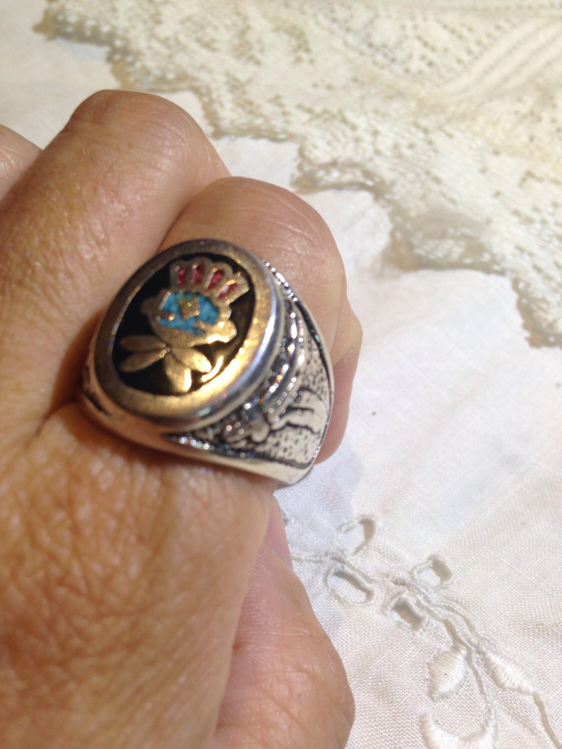 Vintage Native American Style Southwestern Turquoise Stone Inlay Men Ring