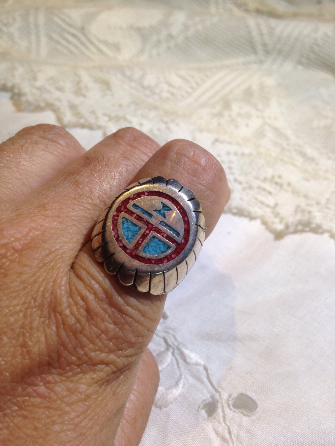 Vintage Native American Southwestern Style Turquoise Stone Inlay Men Ring