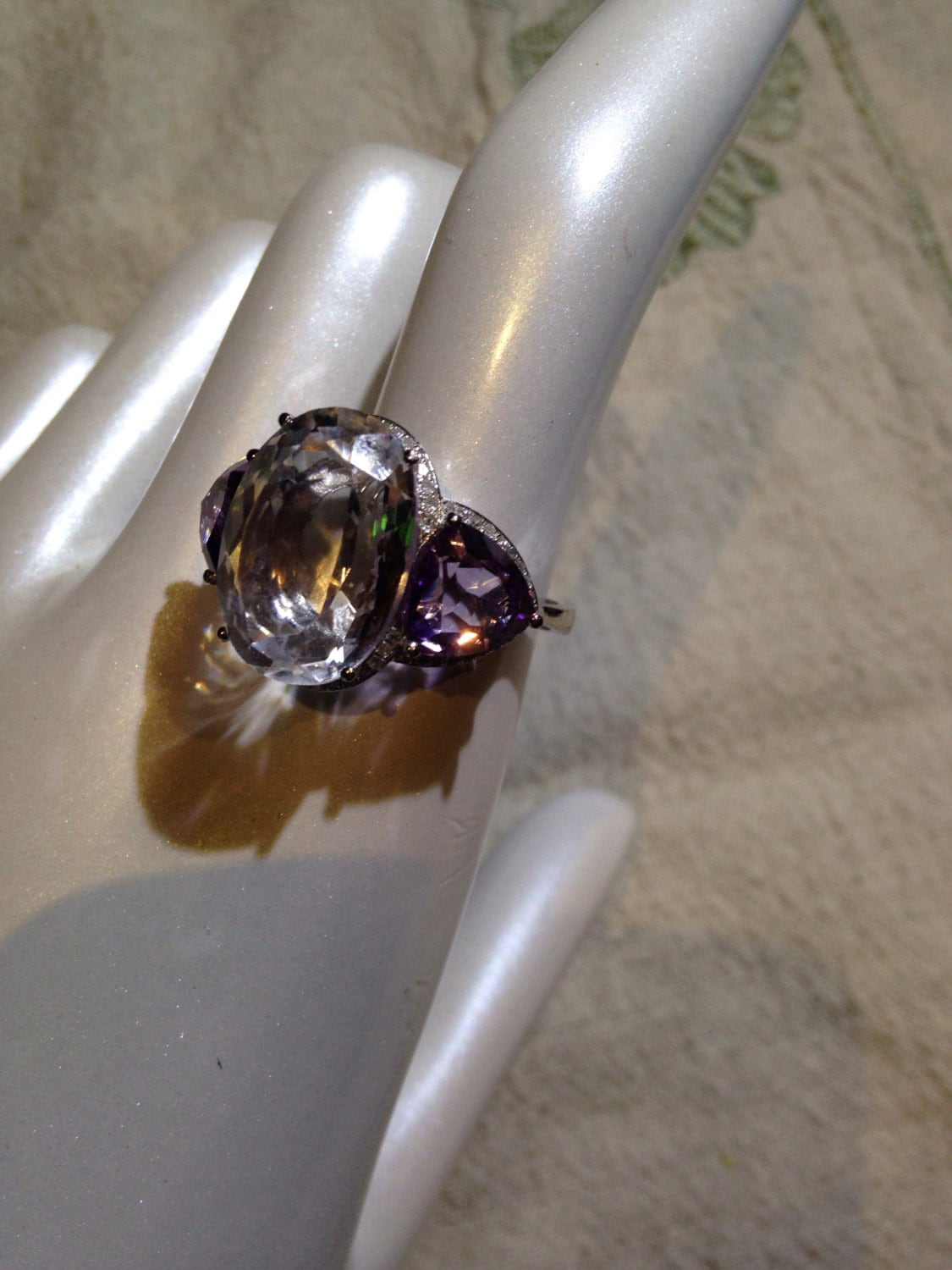Vintage Clear Quartz Purple Amethyst 925 Sterling Silver Ring