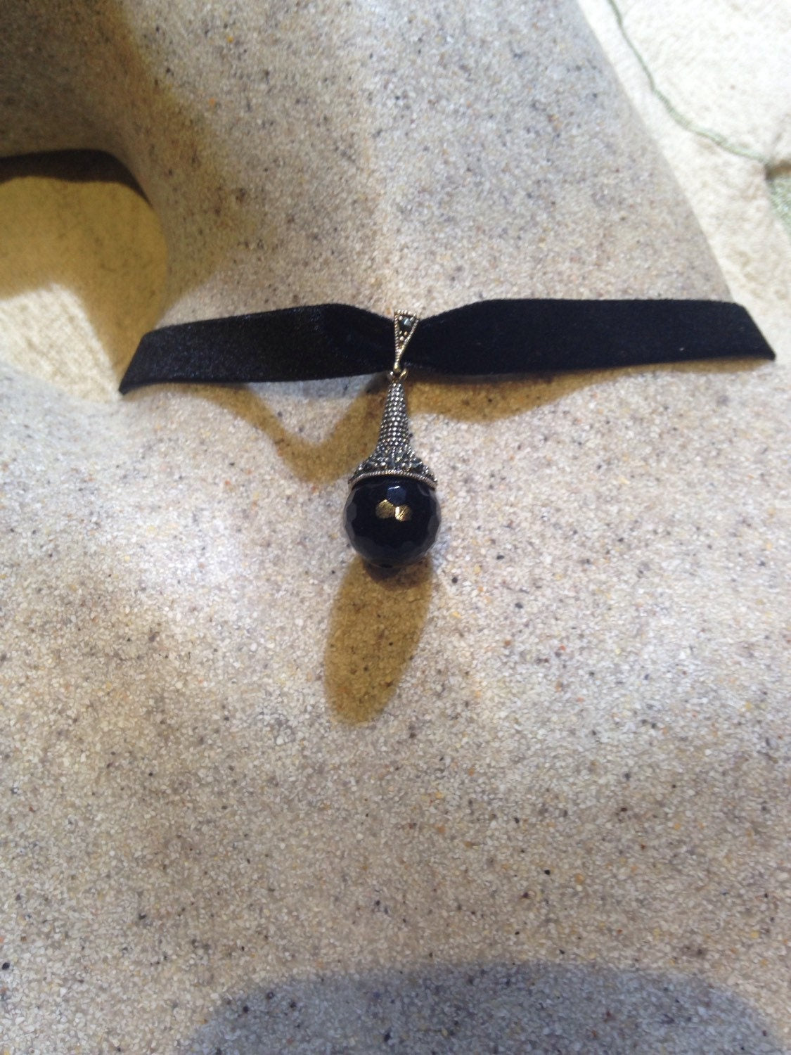 Vintage Turkish Ottoman 925 Sterling Silver Genuine Marcasite Black jet Choker Pendant