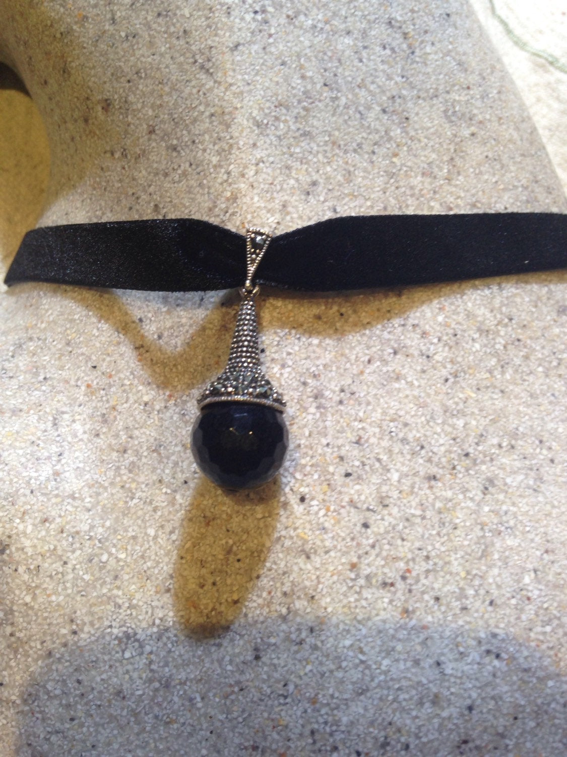 Vintage Turkish Ottoman 925 Sterling Silver Genuine Marcasite Black jet Choker Pendant