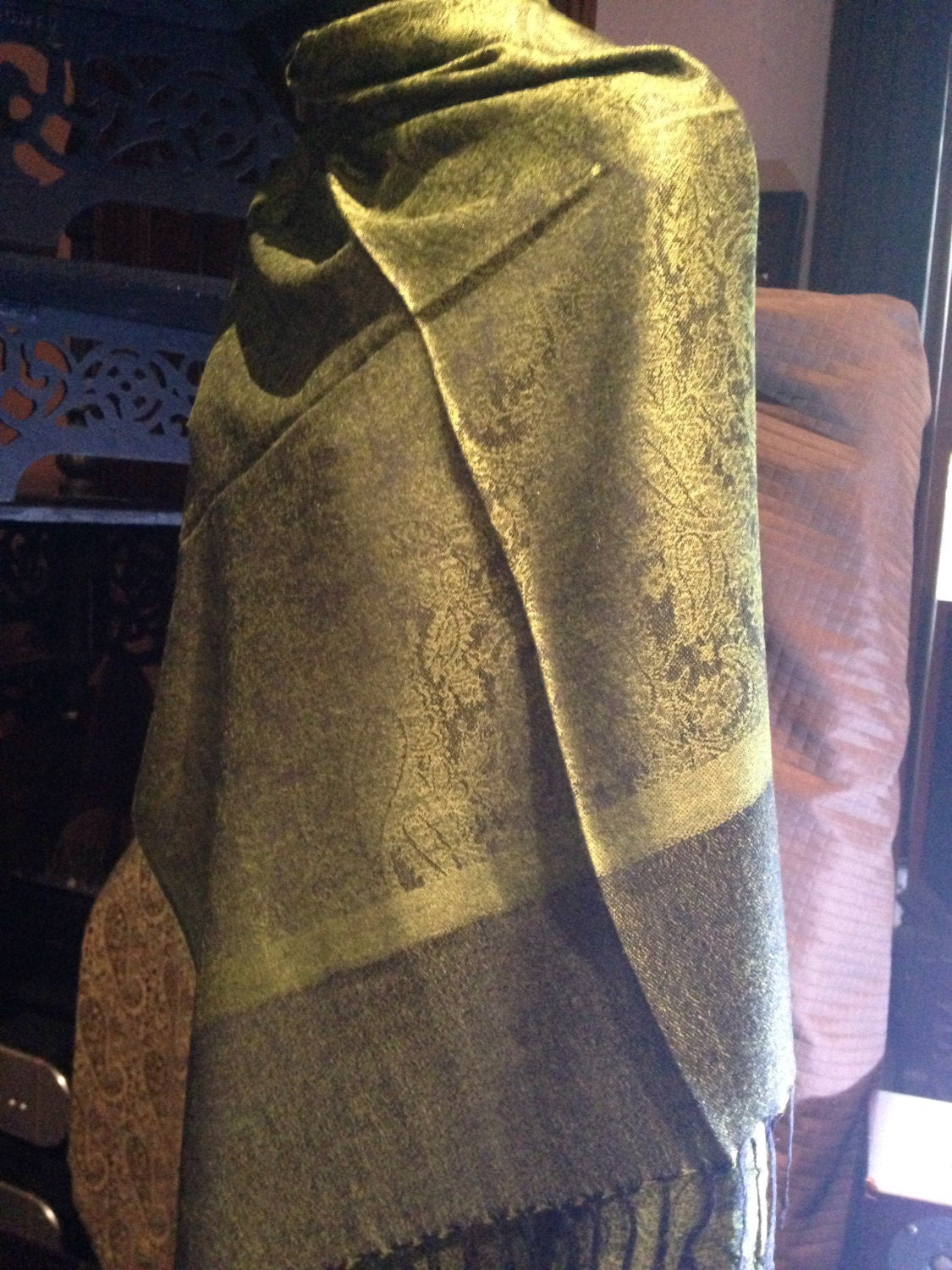 Vintage Olive Green Paisley Brocade Pashmina Scarf Wrap