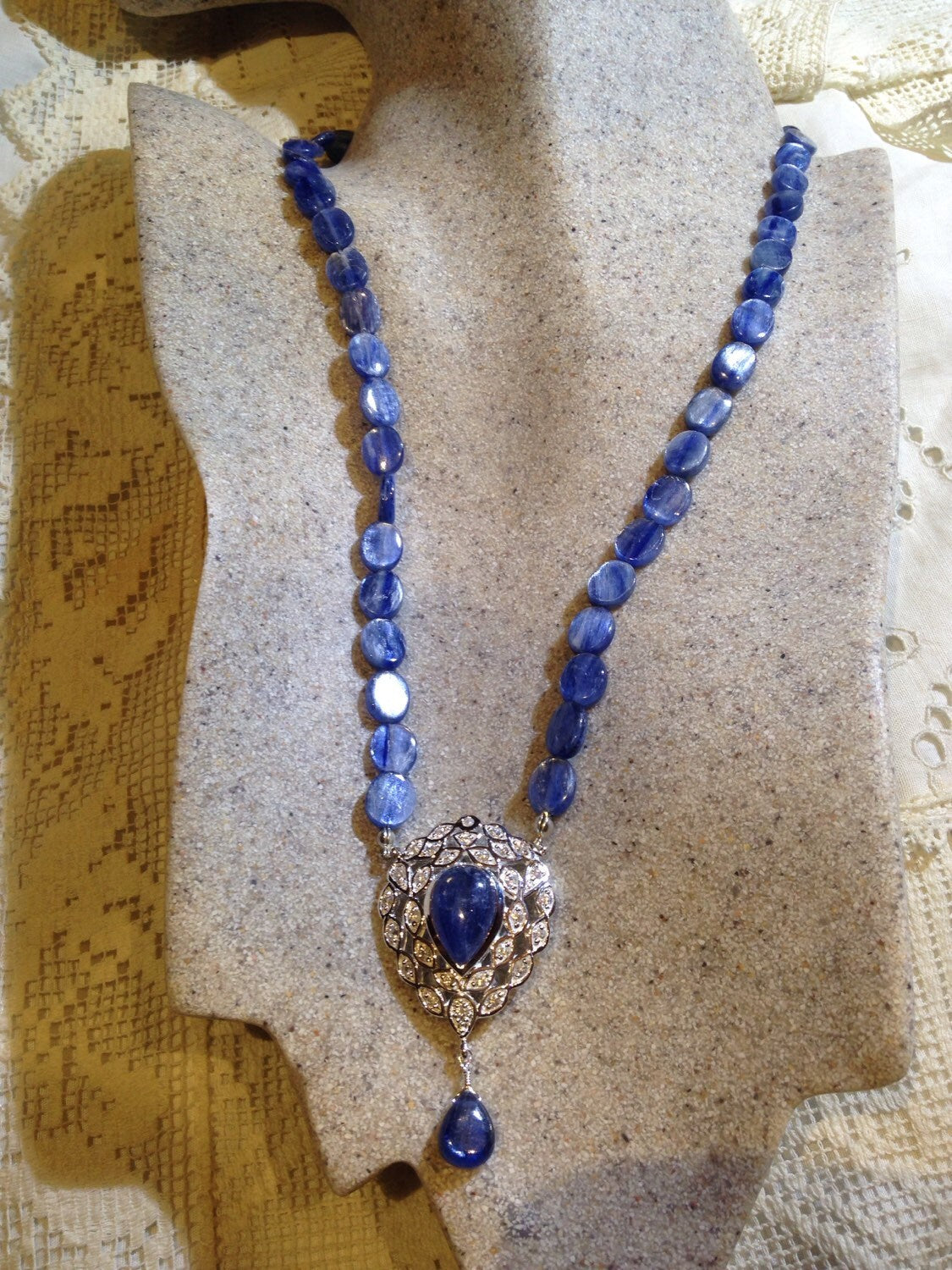 Vintage Blue Kyanite and White Sapphire 925 Sterling Silver Necklace