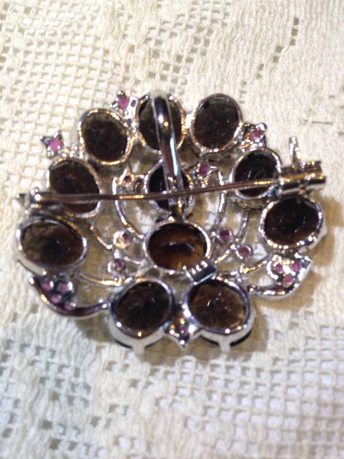 Vintage Handmade Smoky Topaz and Genuine Ruby 925 Sterling Silver Rhodium Brooch Necklace