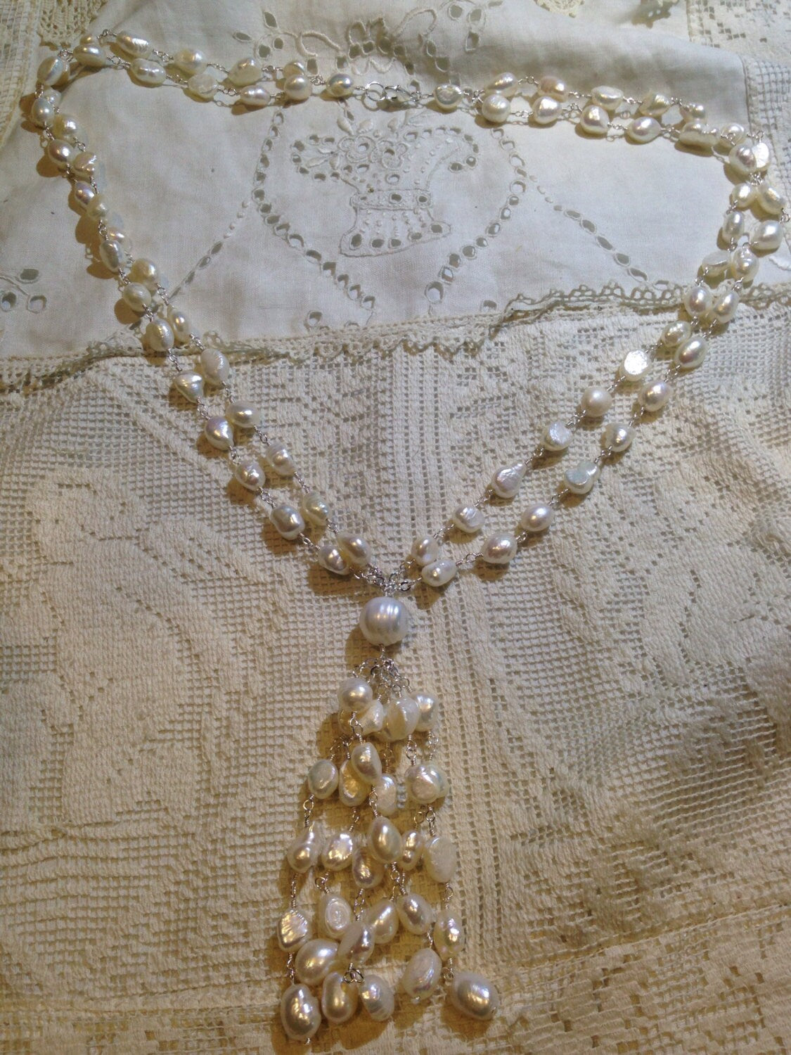 Vintage Hand Wrapped Genuine White Pearl tassel Necklace