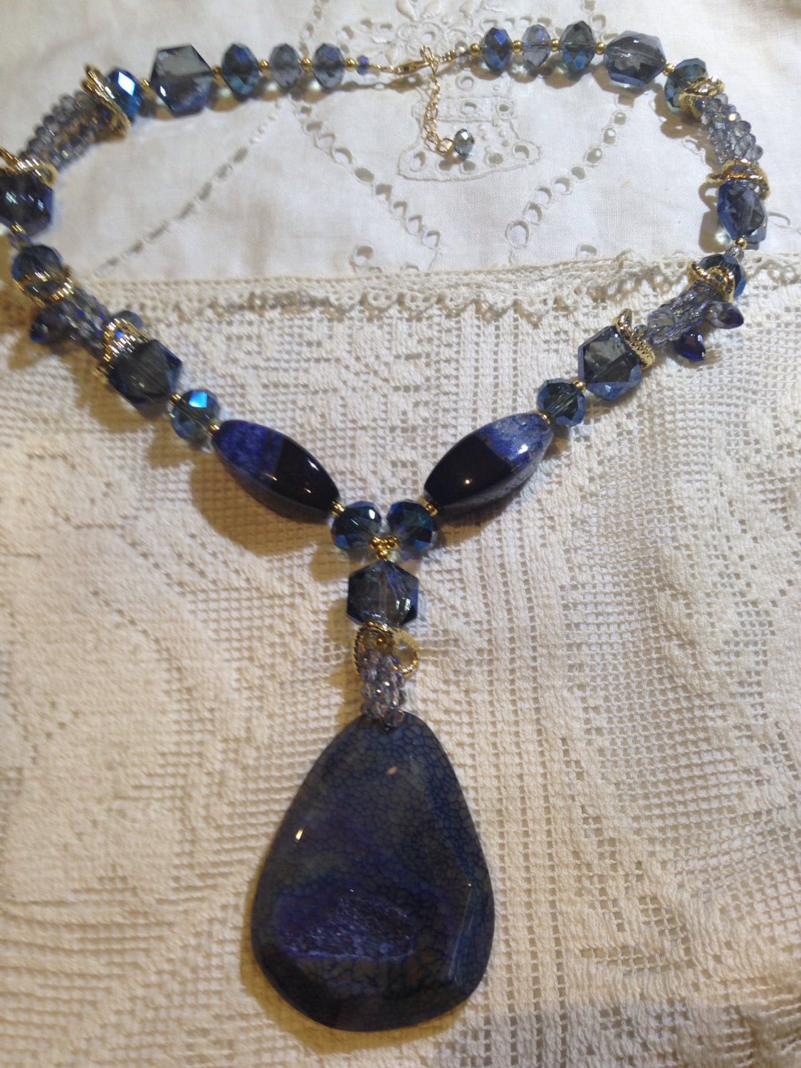 Handmade Blue Quartz druze and Crystal Y Necklace