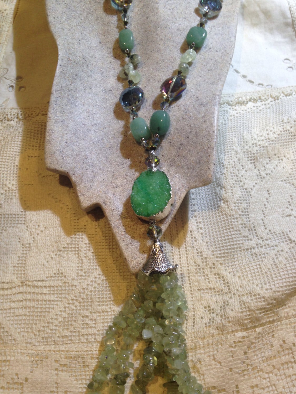Handmade Green druze Quartz and Aventurine Crystal Necklace
